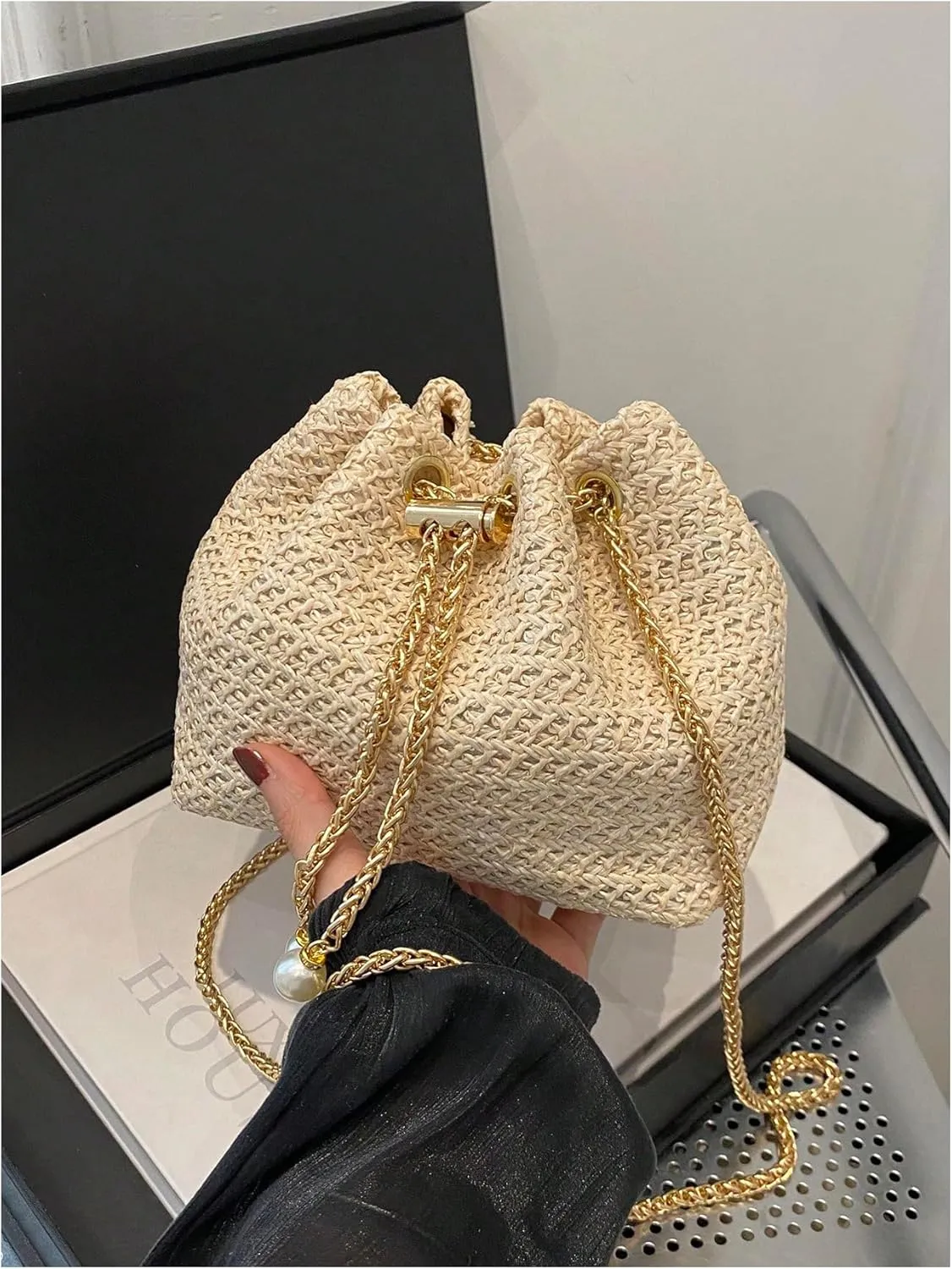 GORGLITTER Women's Pearl Decor Drawstring Crossbody Bag Chain Mini Bucket Handbags