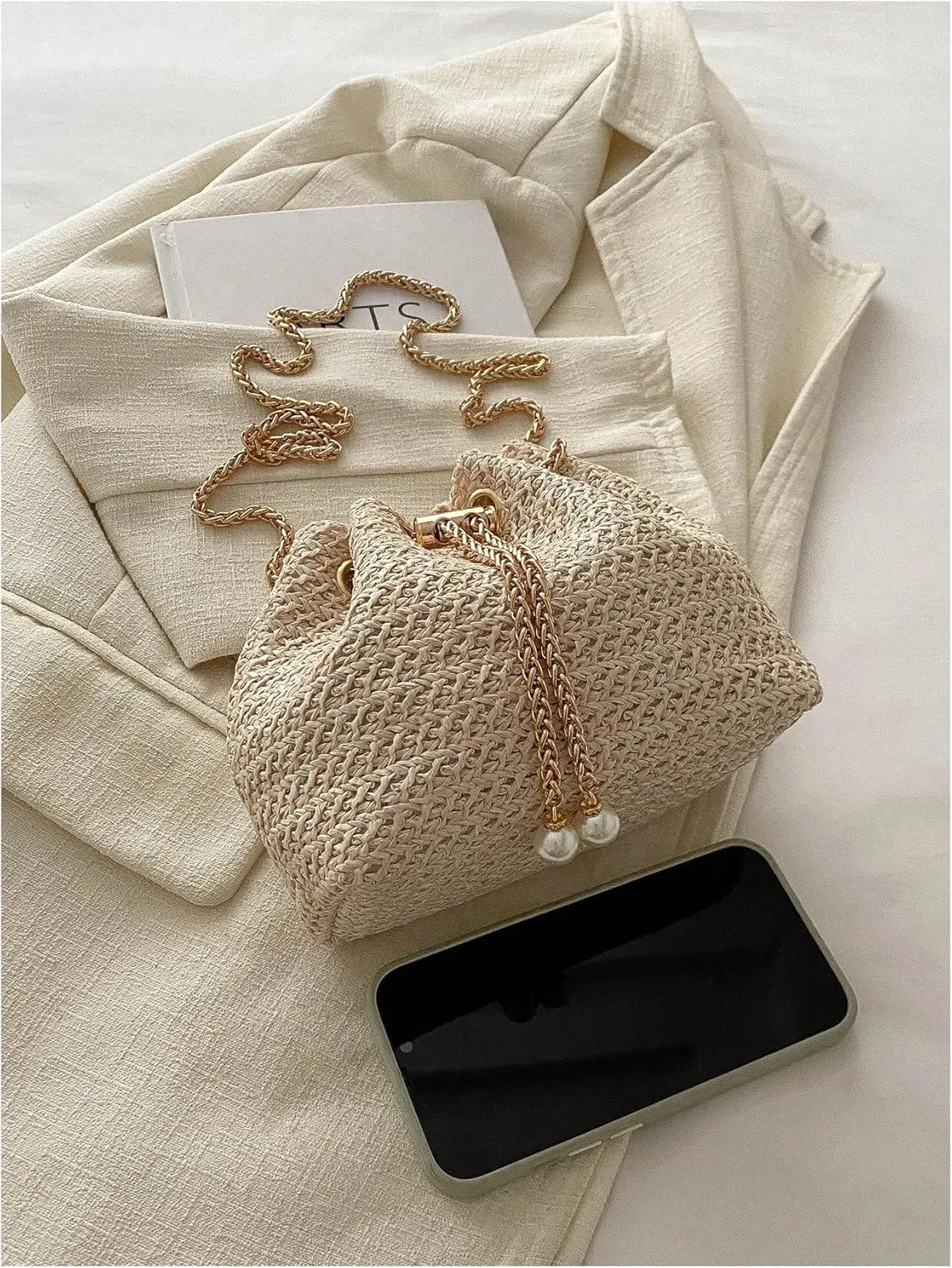 GORGLITTER Women's Pearl Decor Drawstring Crossbody Bag Chain Mini Bucket Handbags