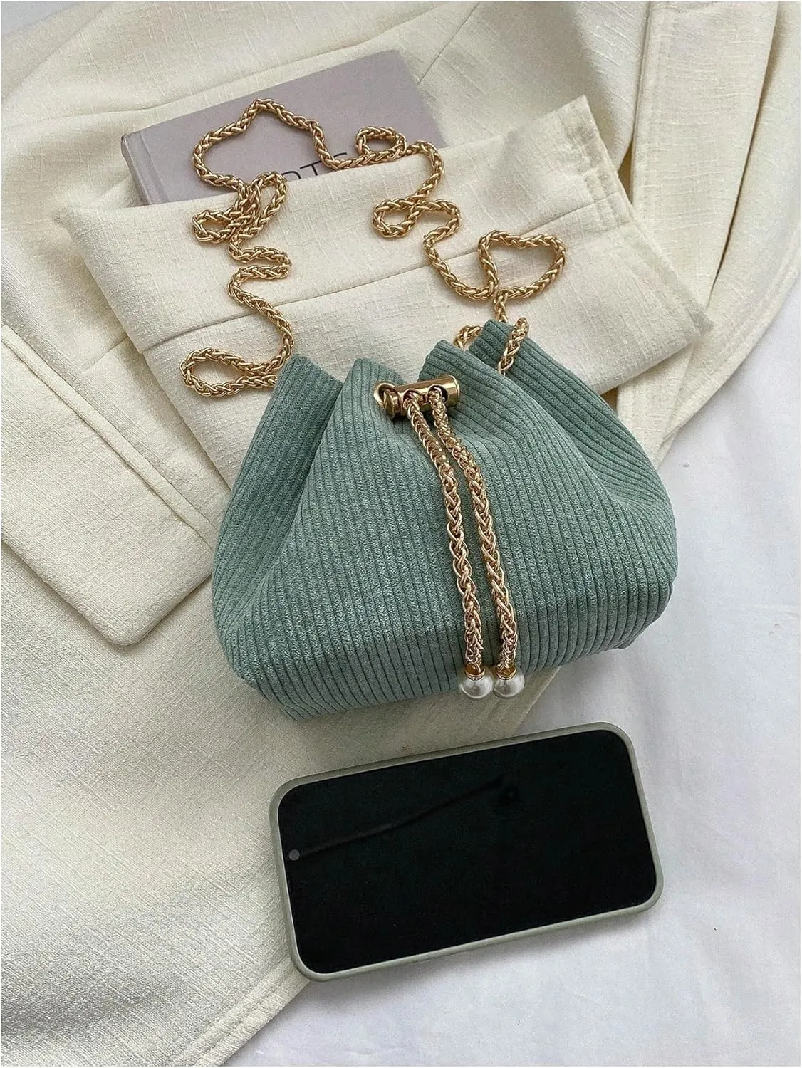 GORGLITTER Women's Pearl Decor Drawstring Crossbody Bag Chain Mini Bucket Handbags