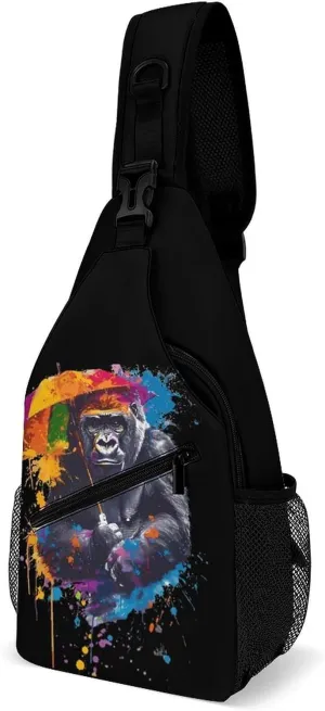 Gorilla Umbrella Monkey Colourful Crossbody Sling Bags Shoulder Backpack Chest DayPack Handbag