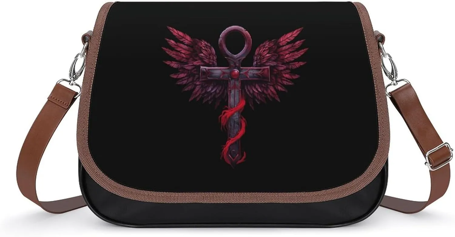 Gothic Silver Ankh Vampire with Red Wings Crossbody Bags for Women Trendy Shoulder Satchel Purses Messenger Bag