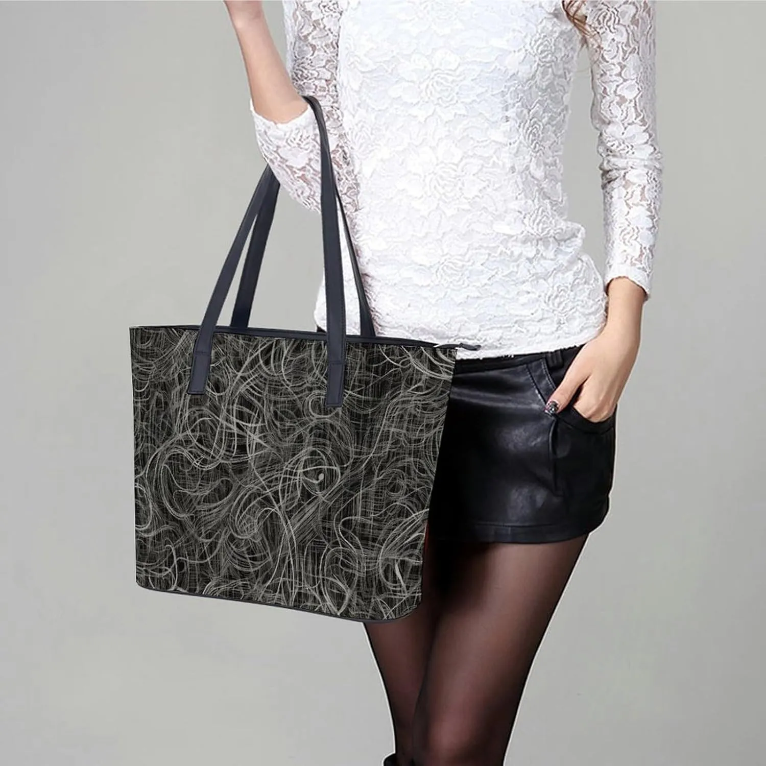 Gray Leather Bag Purse Handbag for Women Top Handle Satchel Shoulder with Zipper Tote Bags Large