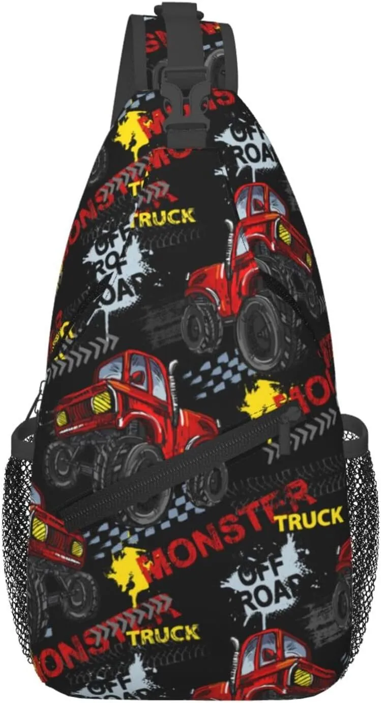 Grunge Monster Truck Cars Pattern Sling Backpack Casual Crossbody Shoulder Bag Travel Hiking Daypack Unisex Chest Bags For Women Men Outdoor Sport