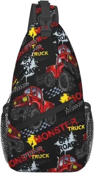 Grunge Monster Truck Cars Pattern Sling Backpack Casual Crossbody Shoulder Bag Travel Hiking Daypack Unisex Chest Bags For Women Men Outdoor Sport