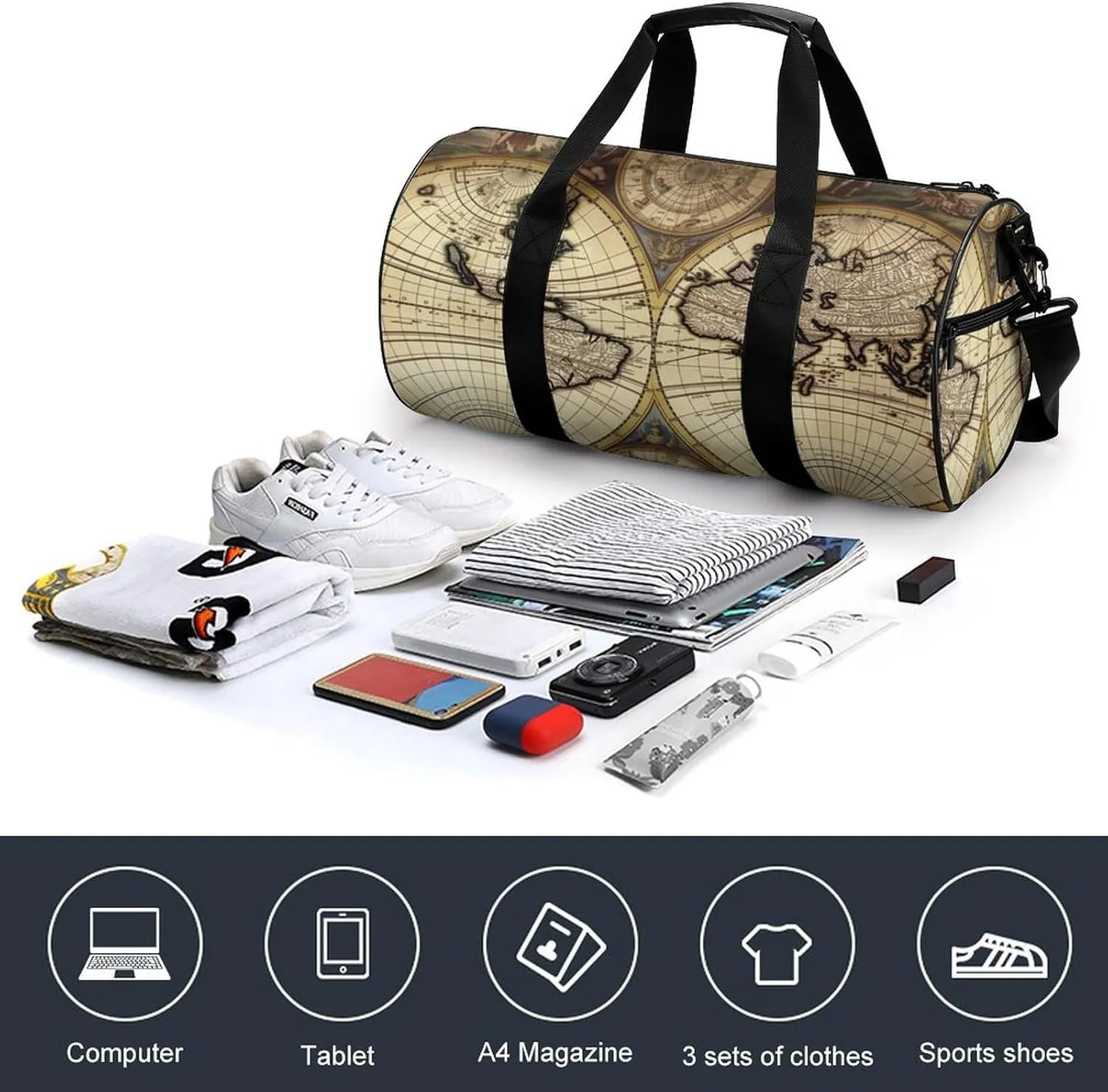 Gym Bag for Men Women Ancient Map World Globe Duffel Bag Overnight Bag with Compartment Gym Sackpac
