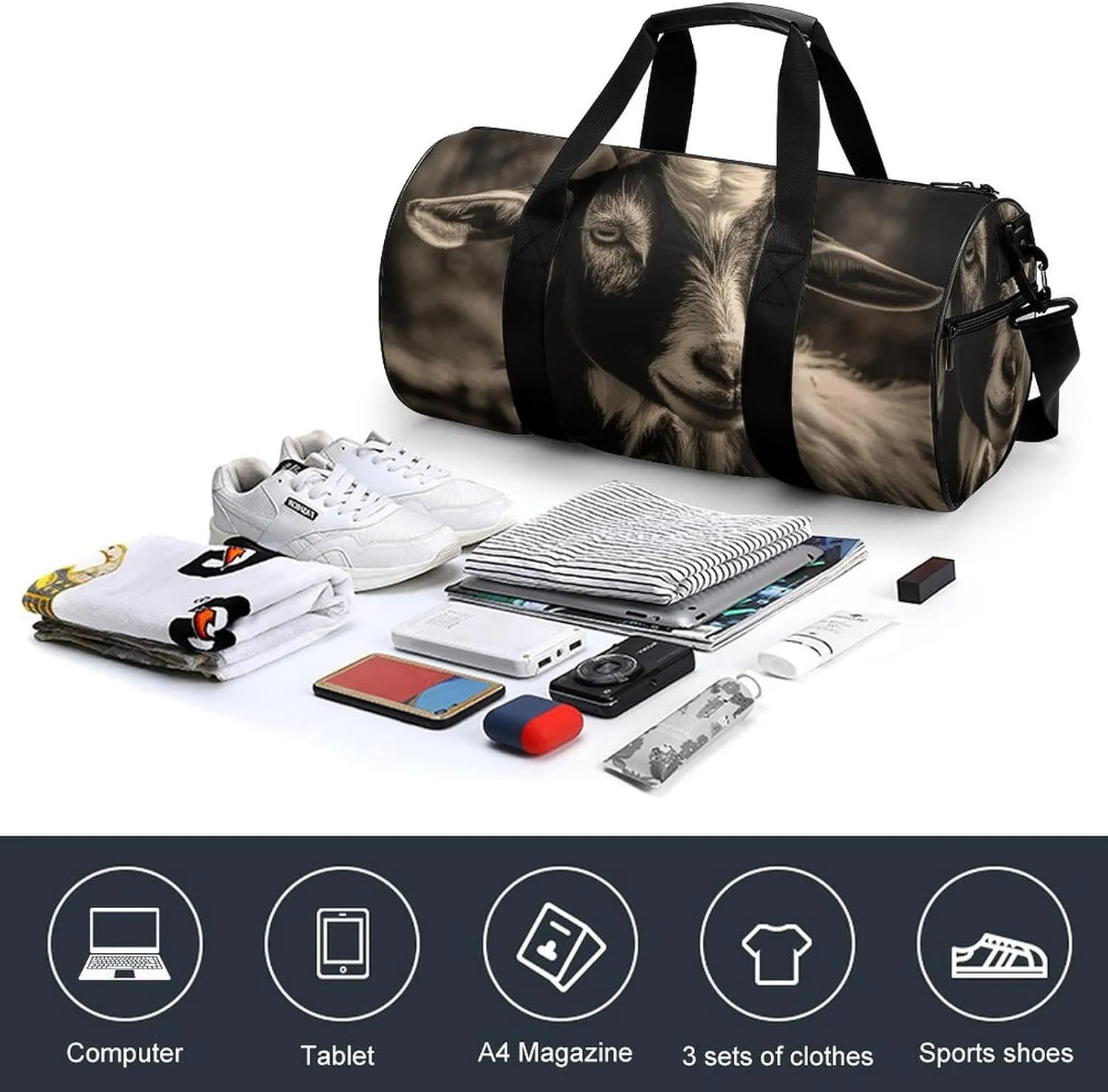 Gym Bag for Men Women Black And White Goat Duffel Bag Overnight Bag with Compartment Gym Sackpac