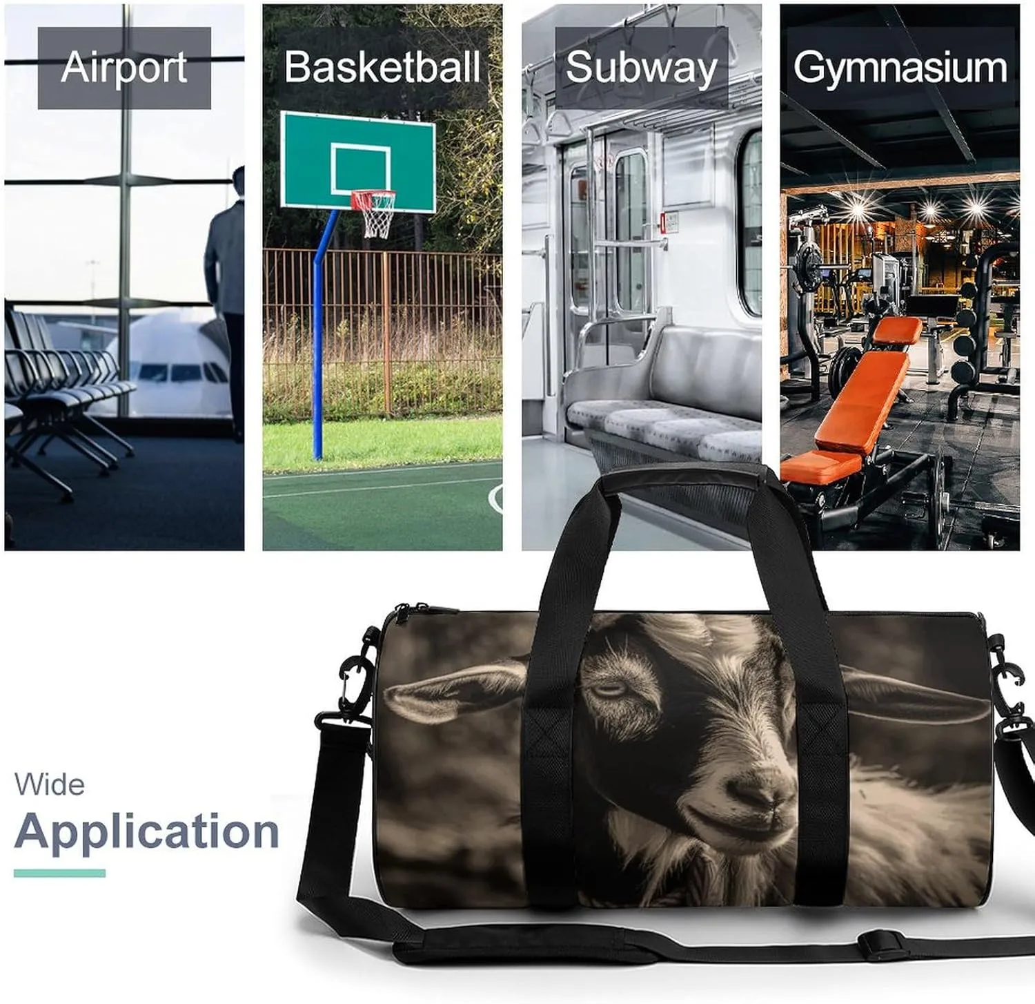 Gym Bag for Men Women Black And White Goat Duffel Bag Overnight Bag with Compartment Gym Sackpac
