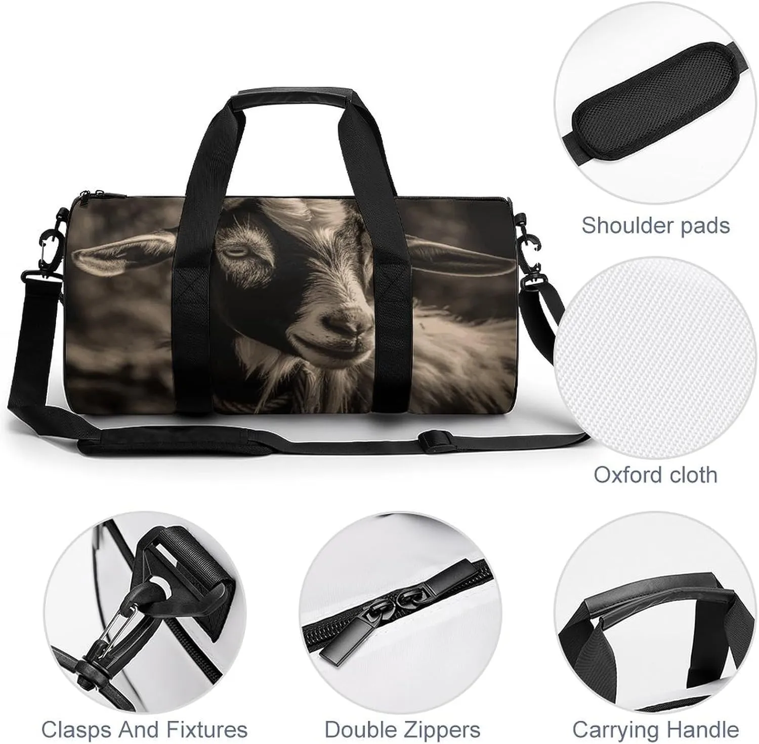 Gym Bag for Men Women Black And White Goat Duffel Bag Overnight Bag with Compartment Gym Sackpac