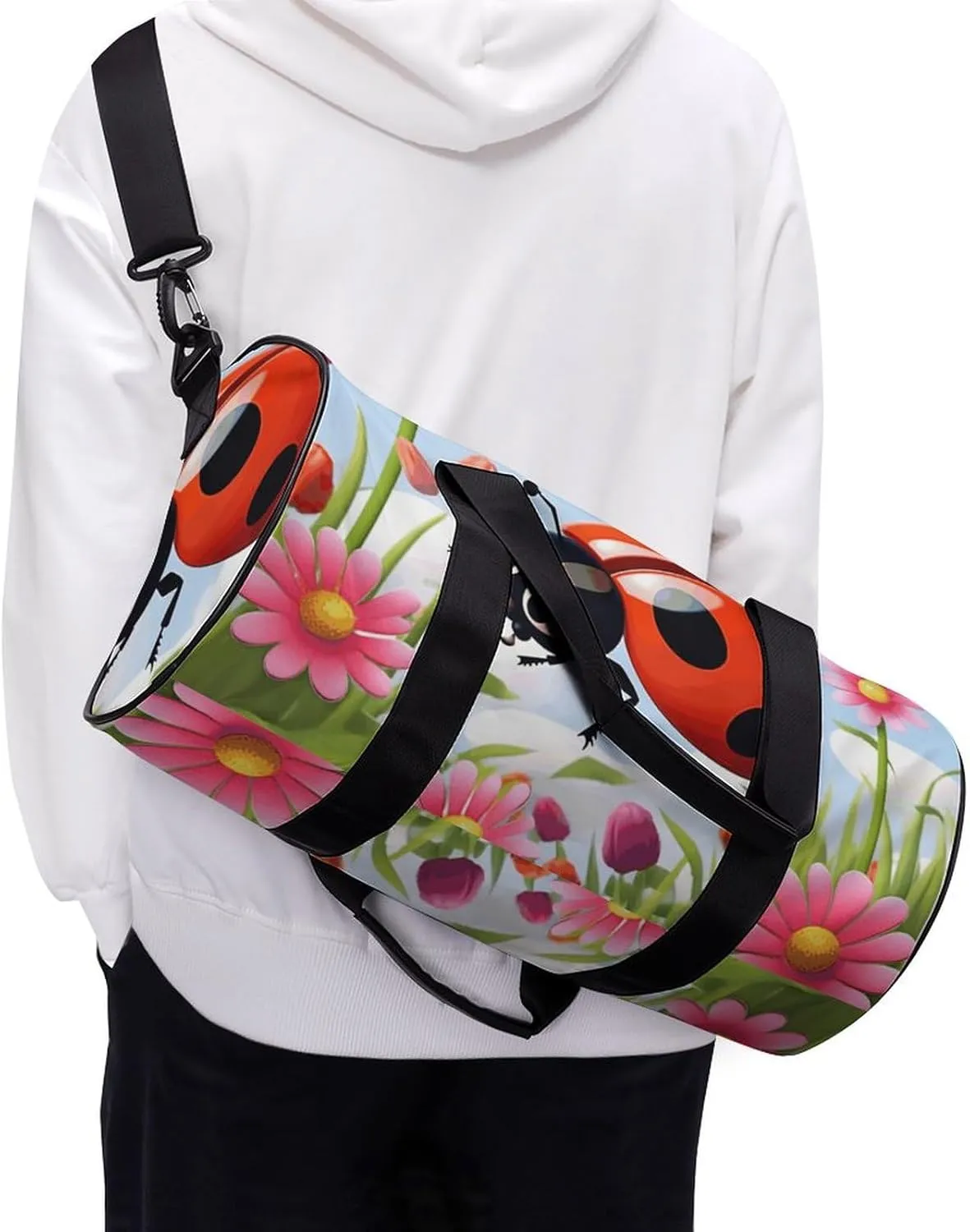 Gym Bag for Men Women Cartoon Ladybug Flower Duffel Bag Overnight Bag with Compartment Gym Sackpac