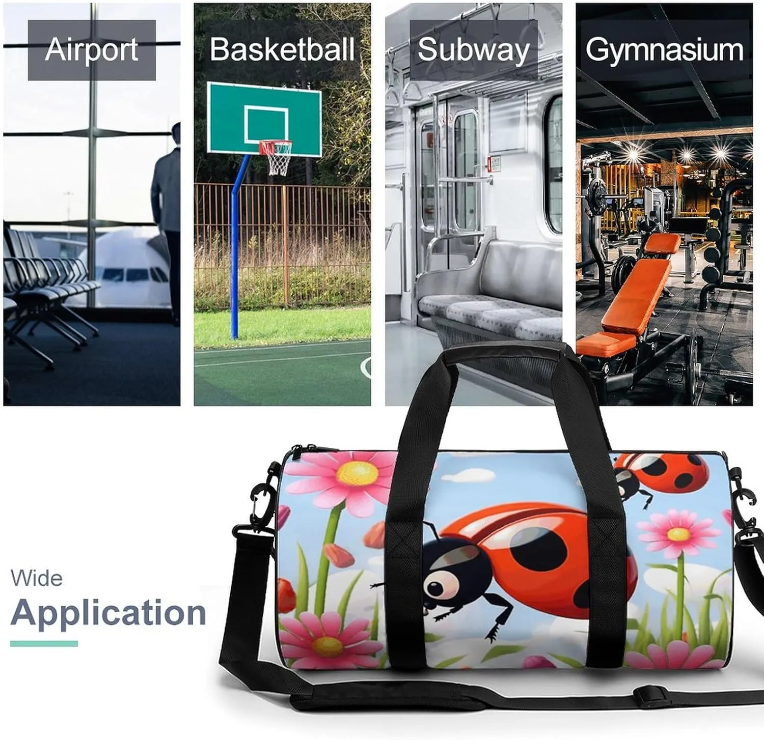 Gym Bag for Men Women Cartoon Ladybug Flower Duffel Bag Overnight Bag with Compartment Gym Sackpac