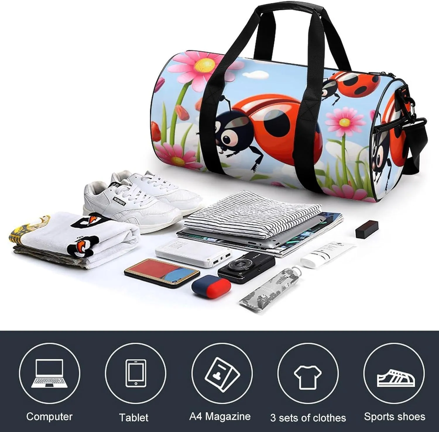 Gym Bag for Men Women Cartoon Ladybug Flower Duffel Bag Overnight Bag with Compartment Gym Sackpac