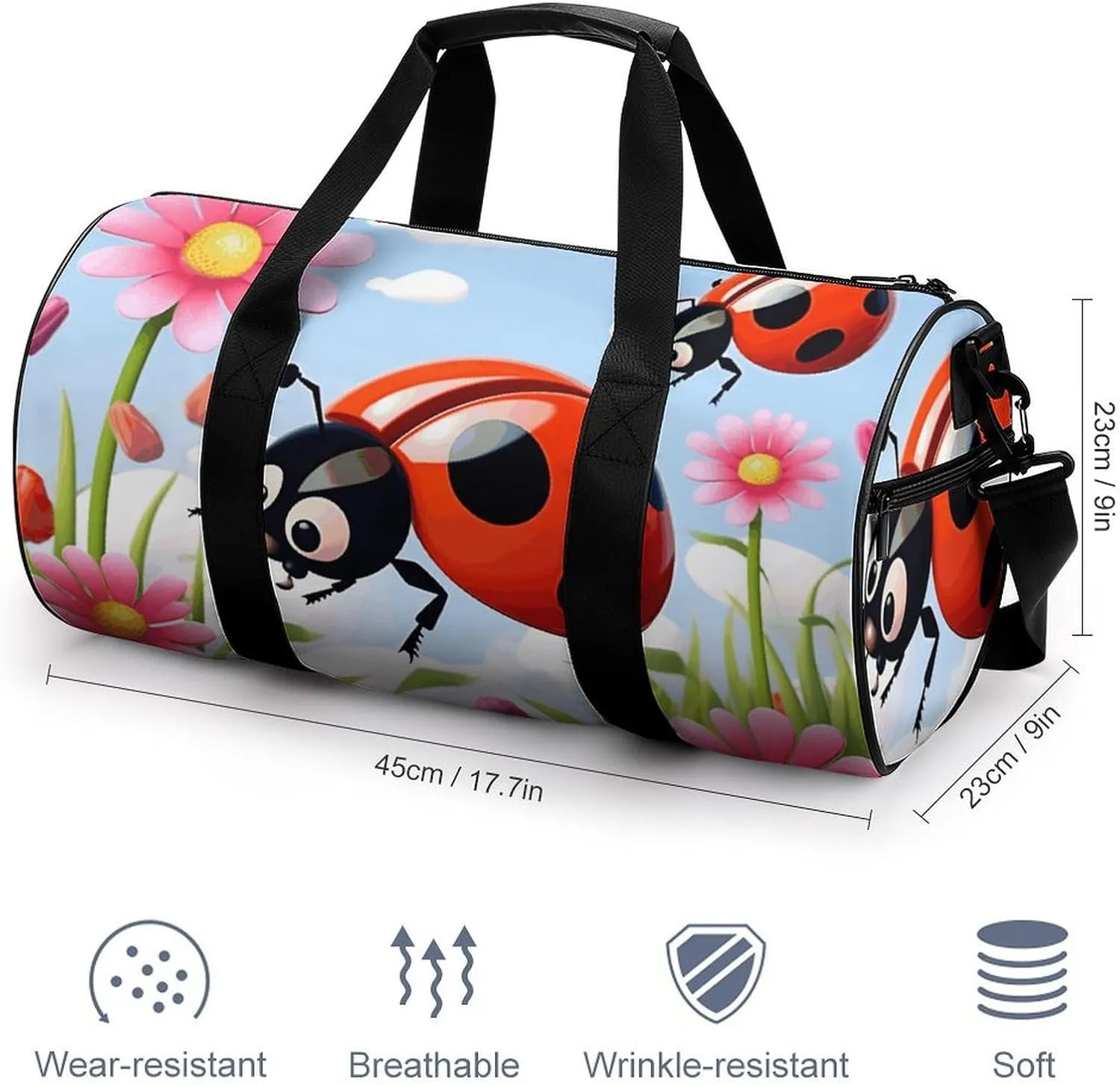 Gym Bag for Men Women Cartoon Ladybug Flower Duffel Bag Overnight Bag with Compartment Gym Sackpac