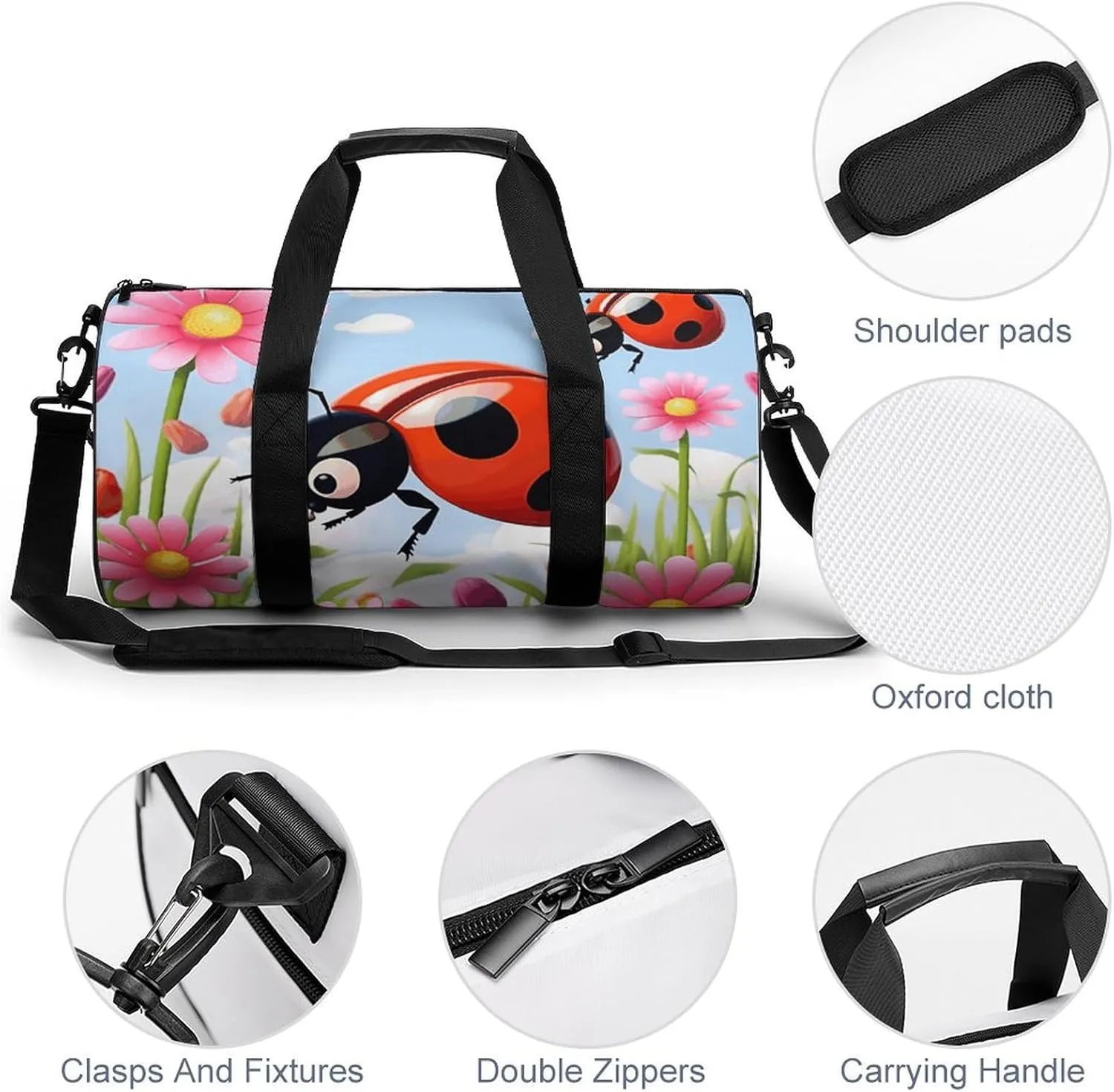 Gym Bag for Men Women Cartoon Ladybug Flower Duffel Bag Overnight Bag with Compartment Gym Sackpac