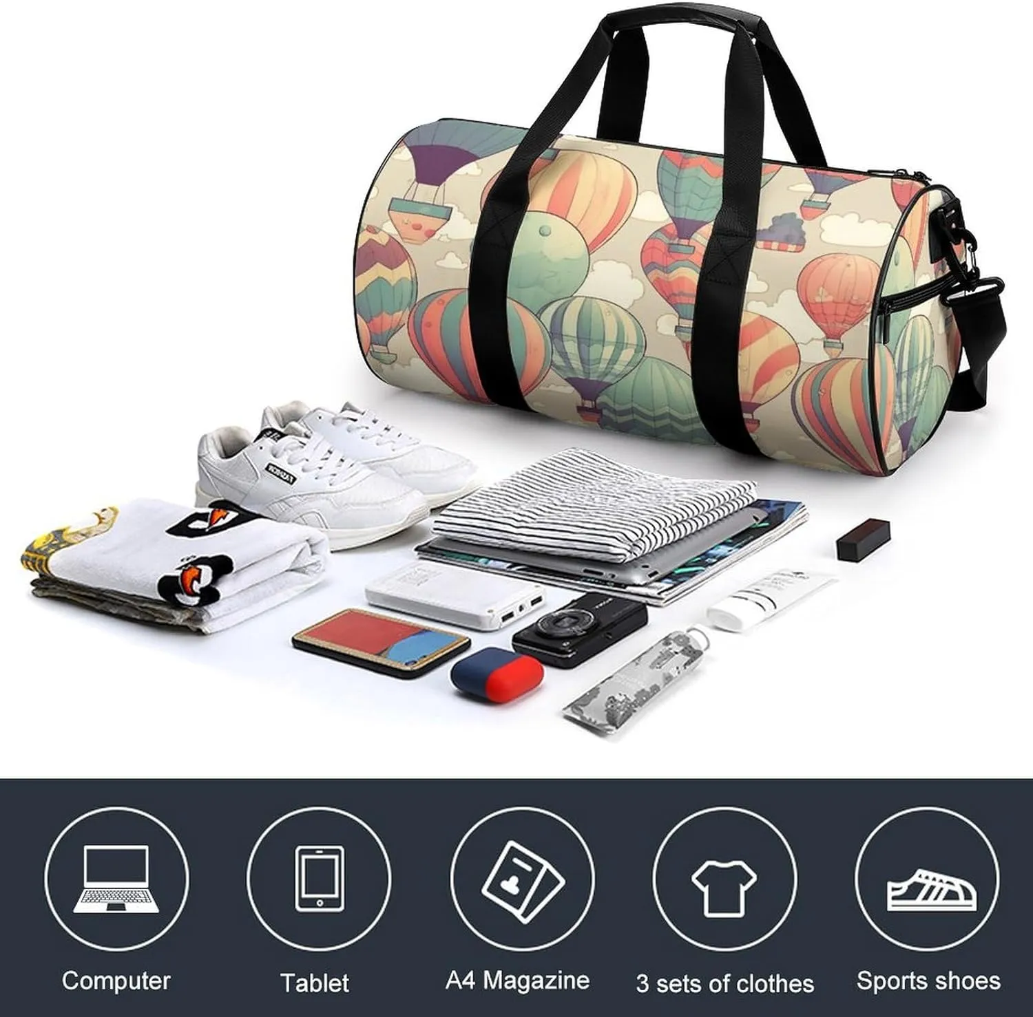 Gym Bag for Men Women Colorful Hot Air Balloon Duffel Bag Overnight Bag with Compartment Gym Sackpac