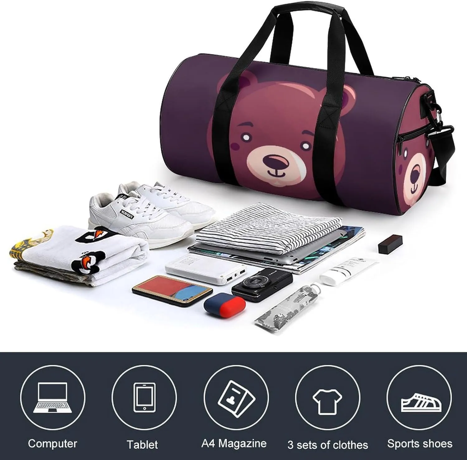 Gym Bag for Men Women Cute Bear Face Balloon Duffel Bag Overnight Bag with Compartment Gym Sackpac