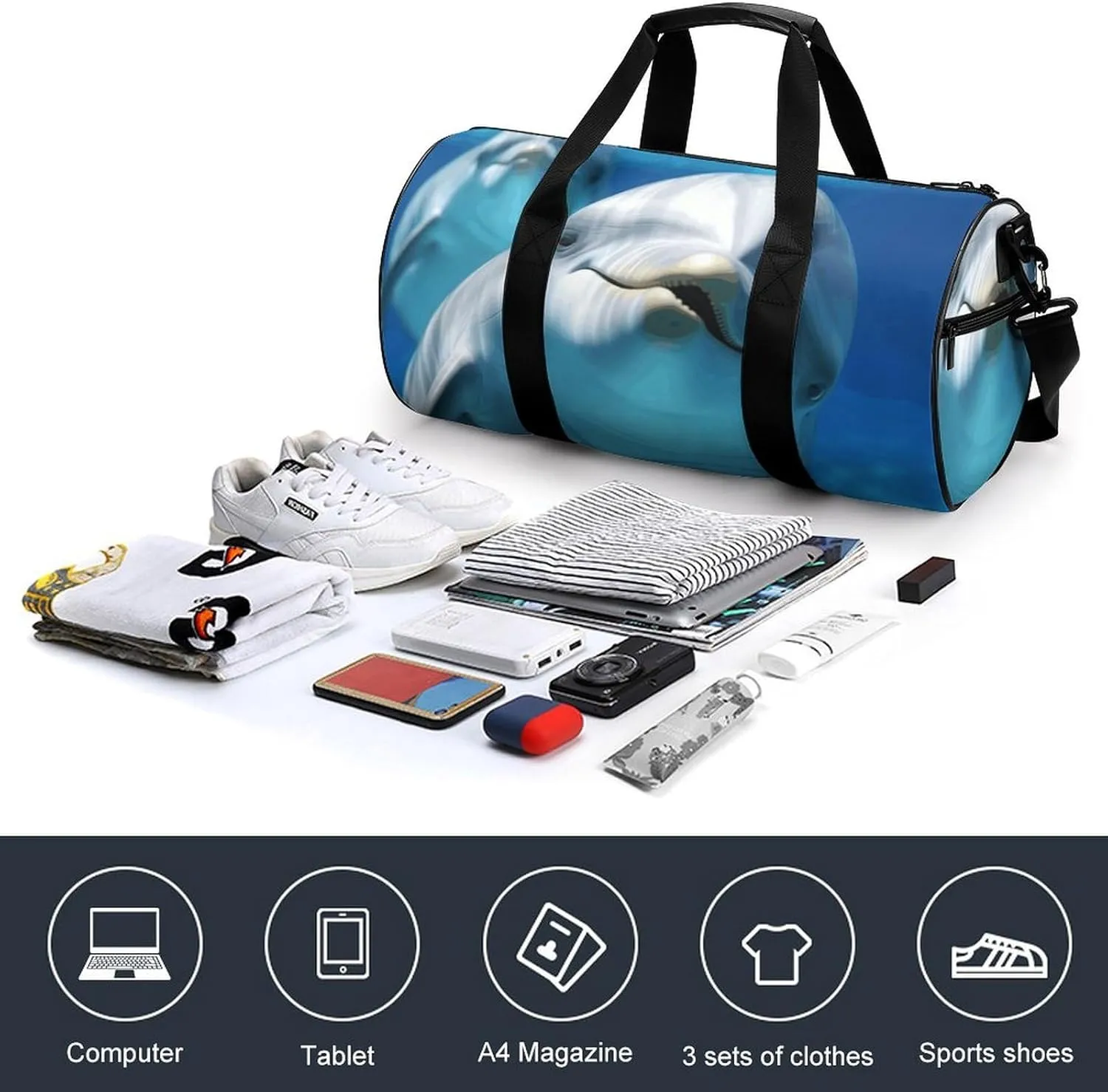 Gym Bag for Men Women Dolphin with A Smile Duffel Bag Overnight Bag with Compartment Gym Sackpac