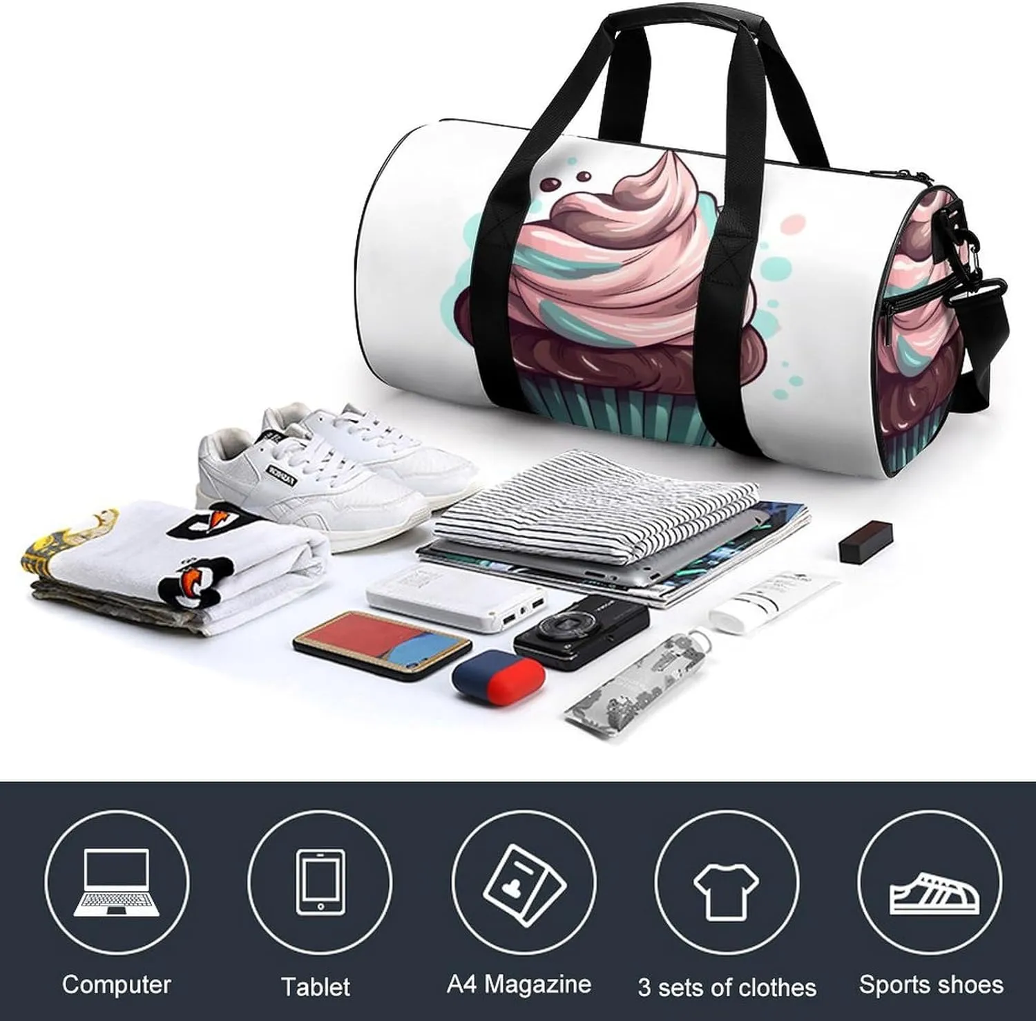 Gym Bag for Men Women Flat Cupcakes Duffel Bag Overnight Bag with Compartment Gym Sackpac