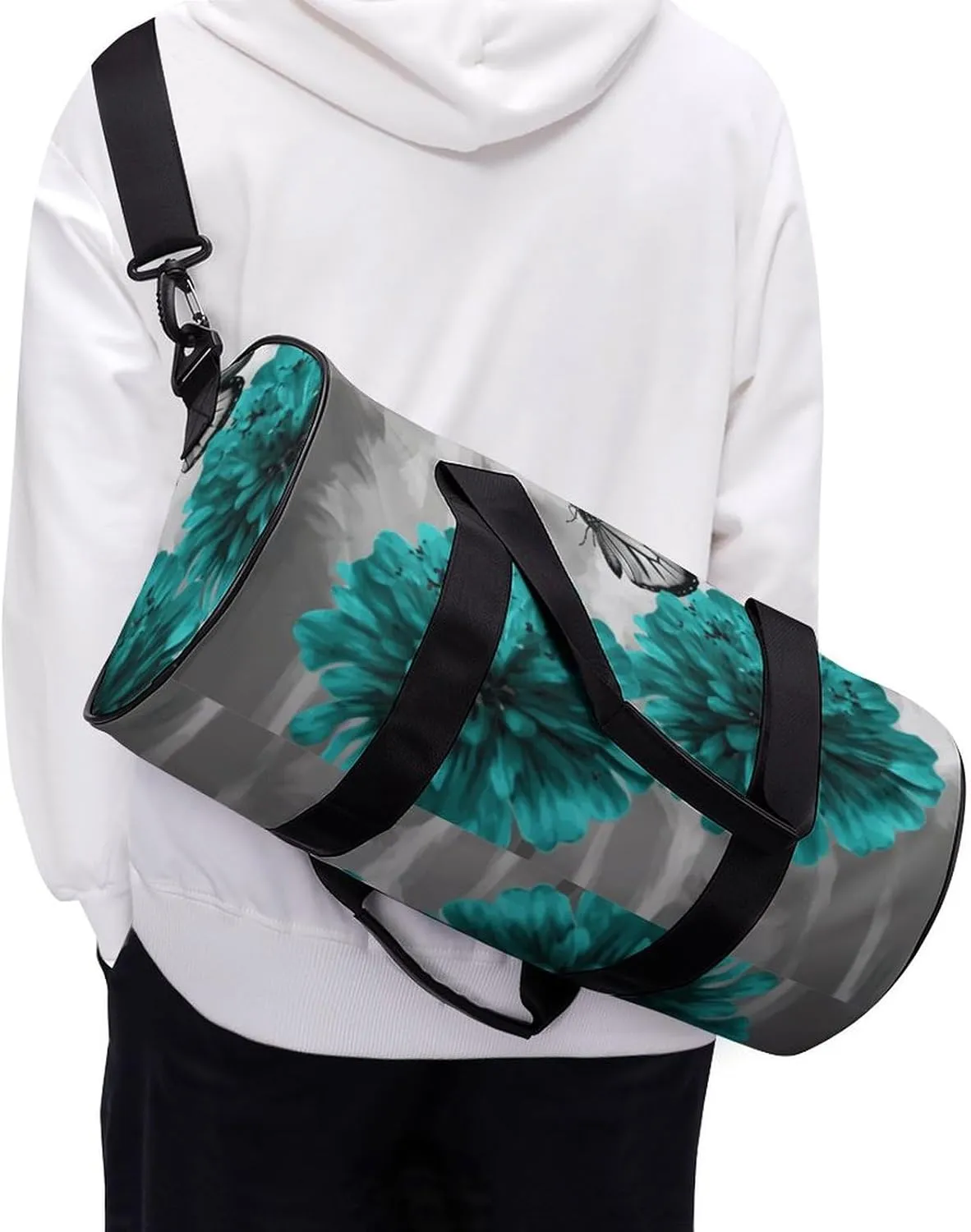 Gym Bag for Men Women Gray Teal Flower Butterfly Duffel Bag Overnight Bag with Compartment Gym Sackpac