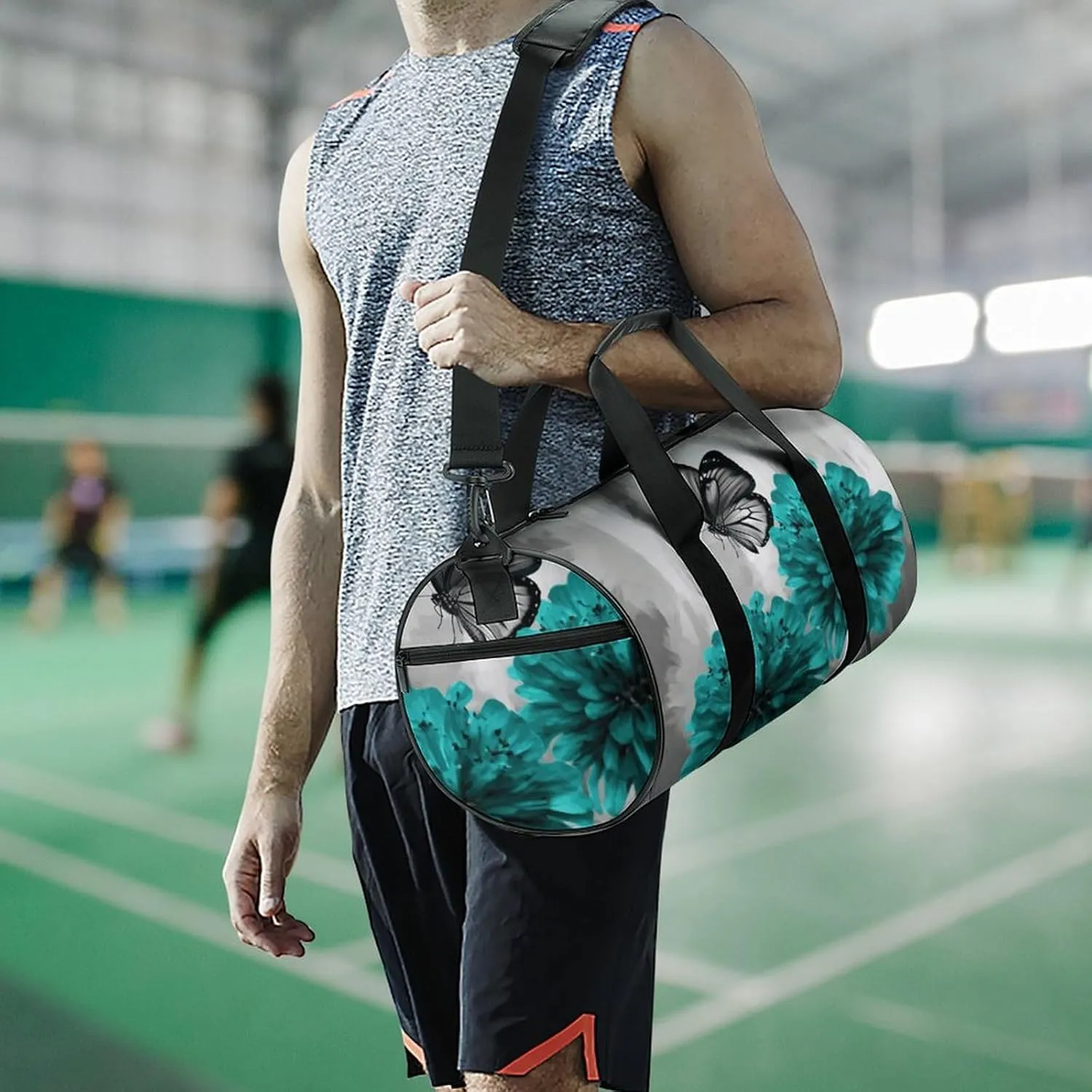 Gym Bag for Men Women Gray Teal Flower Butterfly Duffel Bag Overnight Bag with Compartment Gym Sackpac
