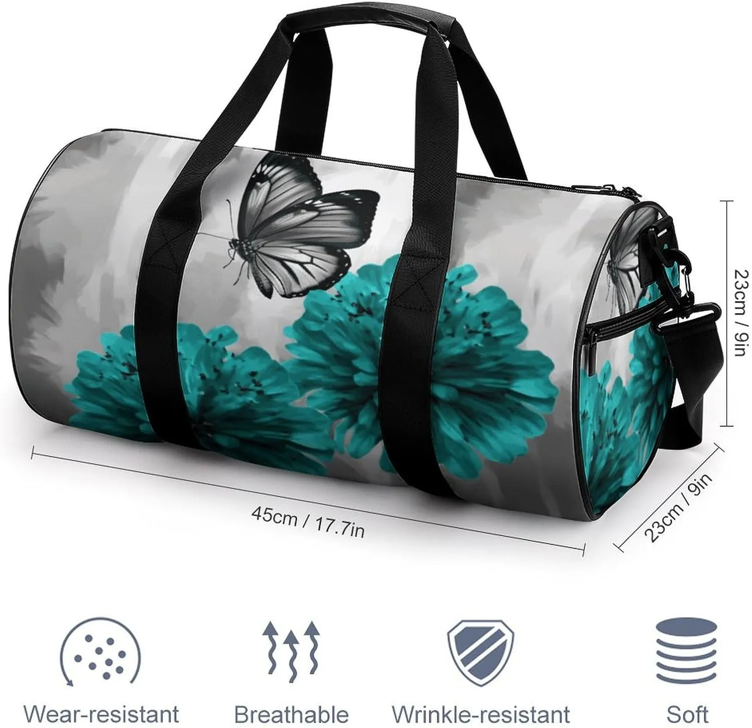 Gym Bag for Men Women Gray Teal Flower Butterfly Duffel Bag Overnight Bag with Compartment Gym Sackpac