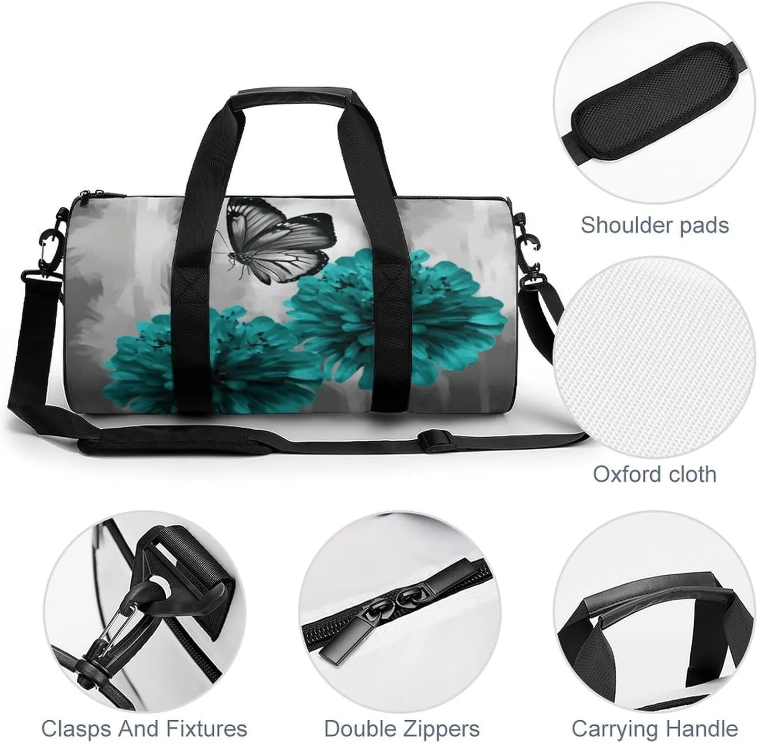 Gym Bag for Men Women Gray Teal Flower Butterfly Duffel Bag Overnight Bag with Compartment Gym Sackpac