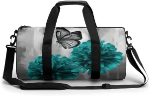 Gym Bag for Men Women Gray Teal Flower Butterfly Duffel Bag Overnight Bag with Compartment Gym Sackpac