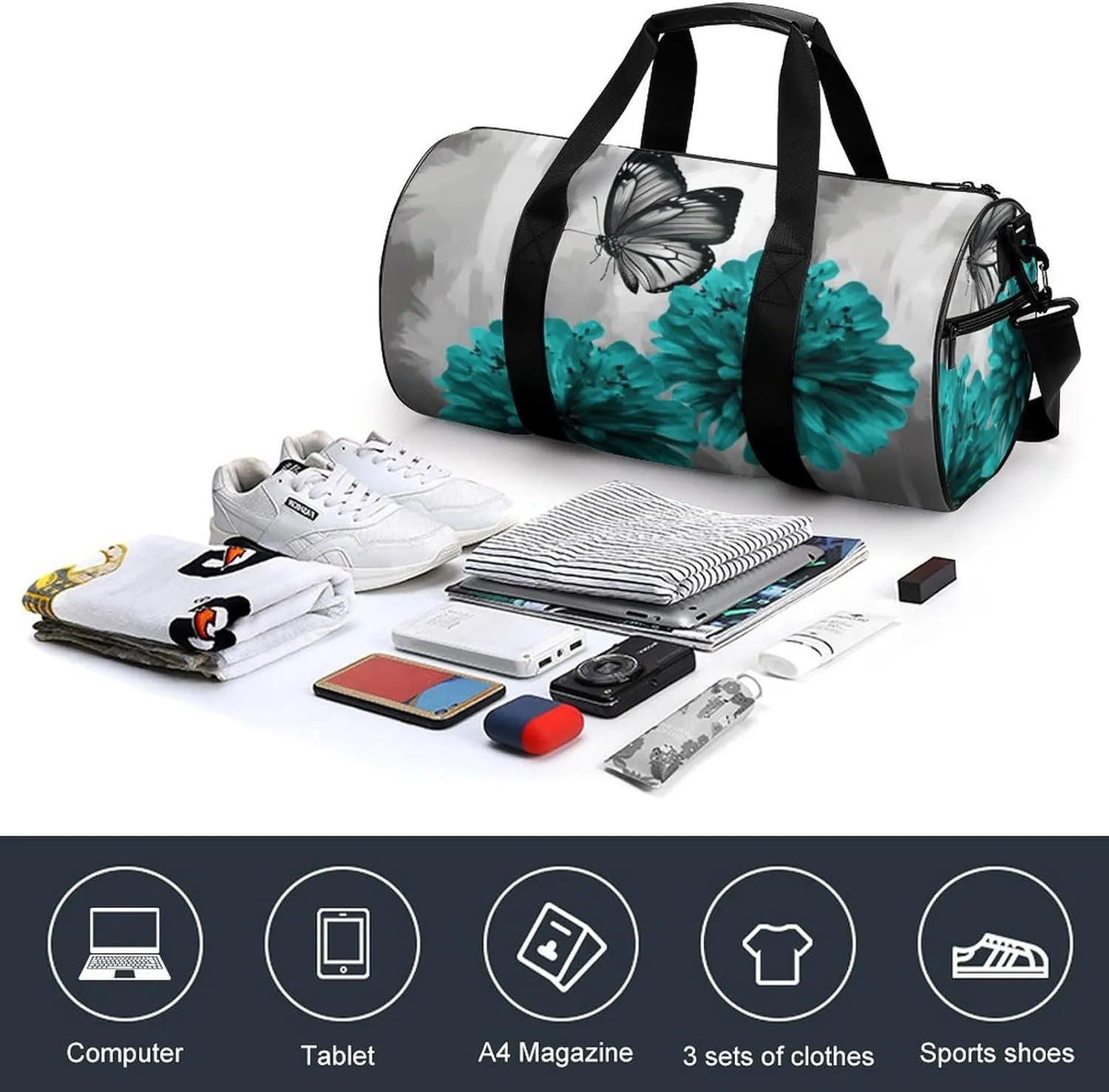 Gym Bag for Men Women Gray Teal Flower Butterfly Duffel Bag Overnight Bag with Compartment Gym Sackpac