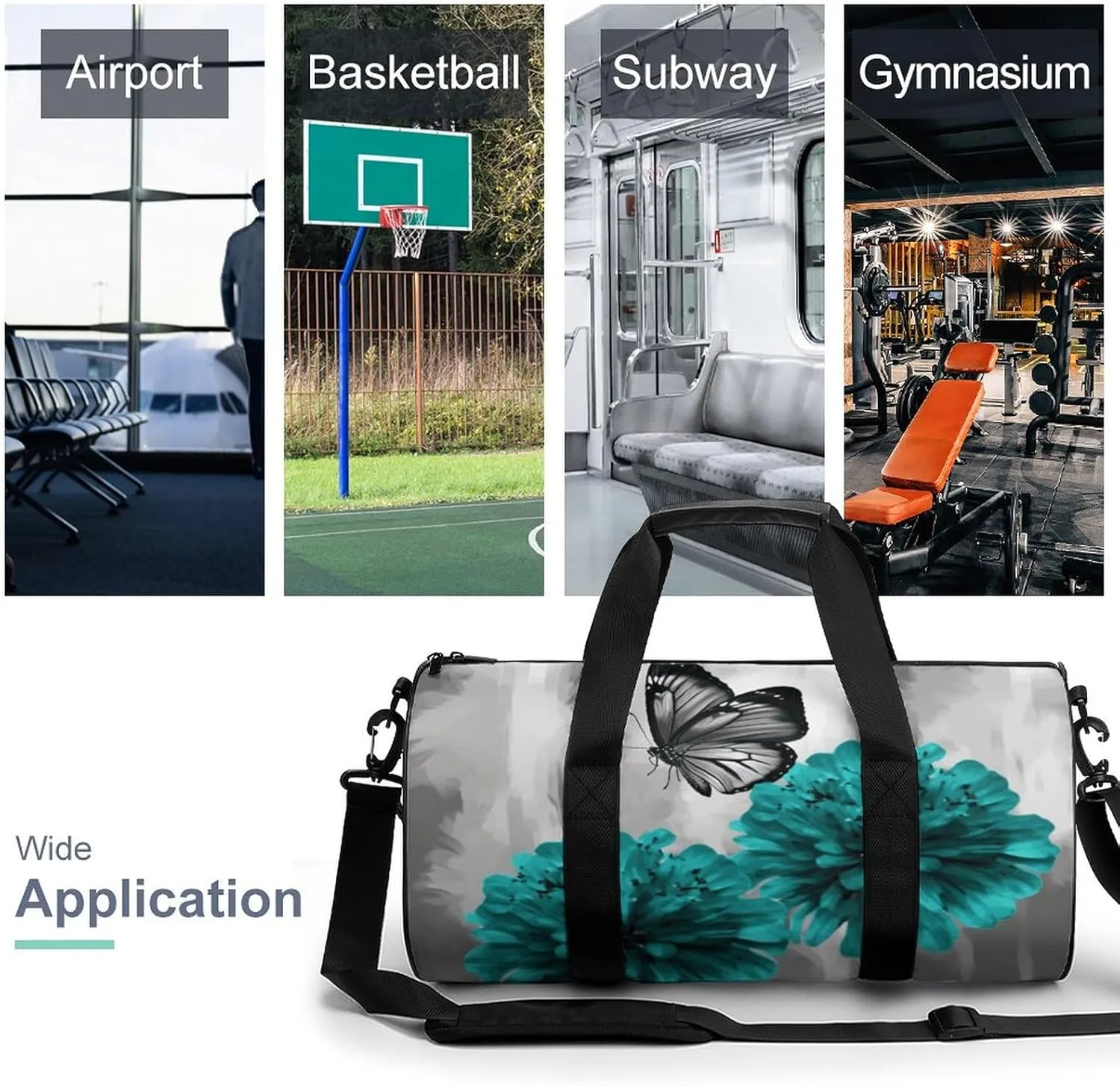 Gym Bag for Men Women Gray Teal Flower Butterfly Duffel Bag Overnight Bag with Compartment Gym Sackpac