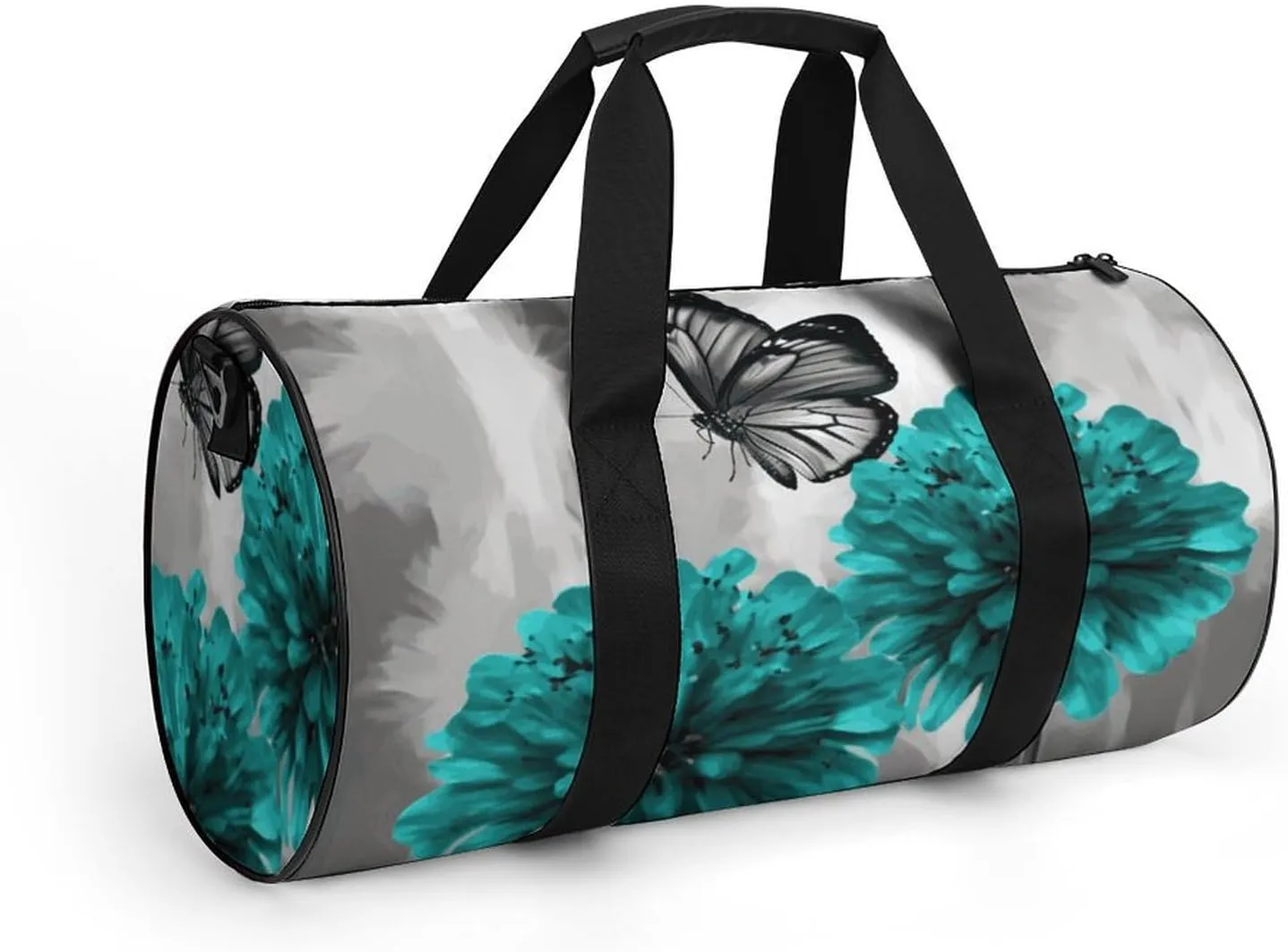 Gym Bag for Men Women Gray Teal Flower Butterfly Duffel Bag Overnight Bag with Compartment Gym Sackpac