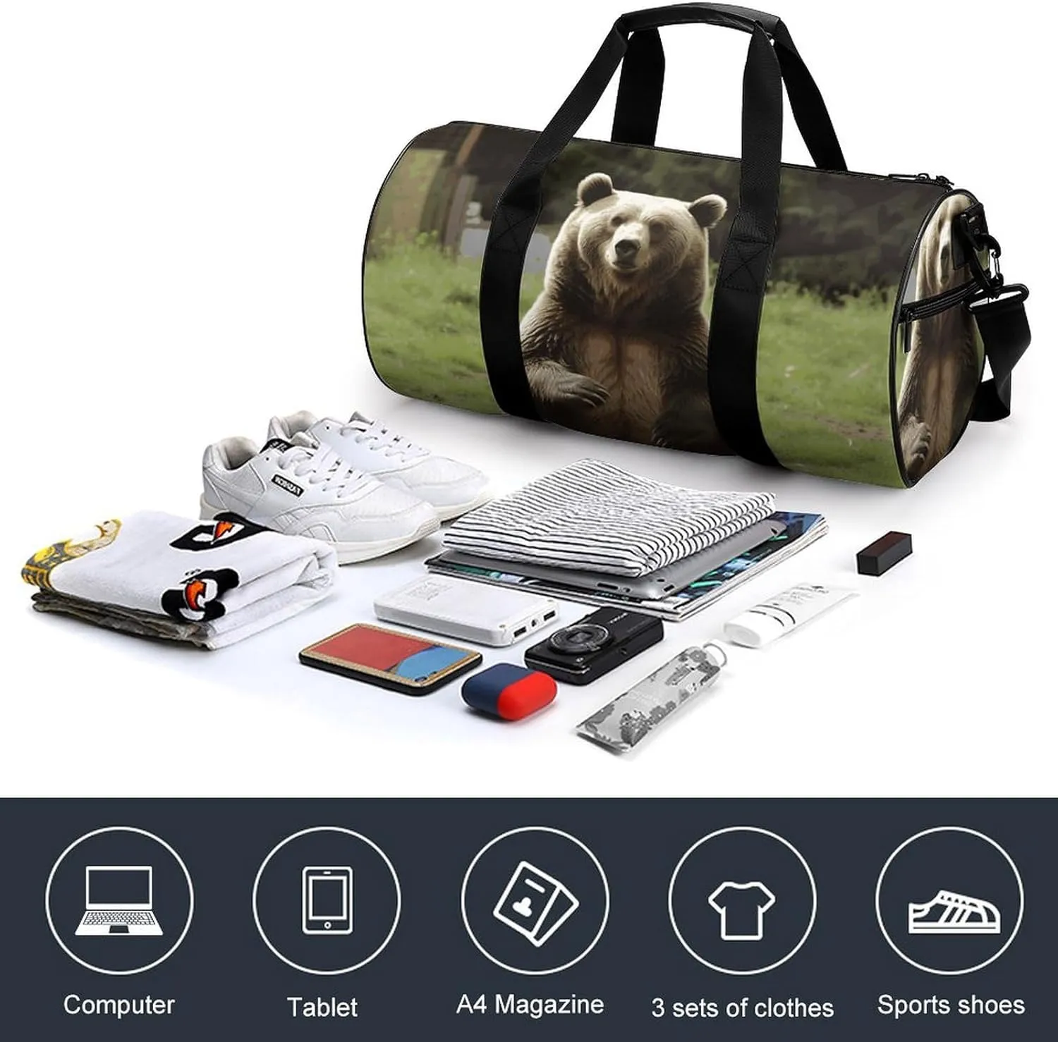 Gym Bag for Men Women Hi Bear Sit on The Lawn Duffel Bag Overnight Bag with Compartment Gym Sackpac