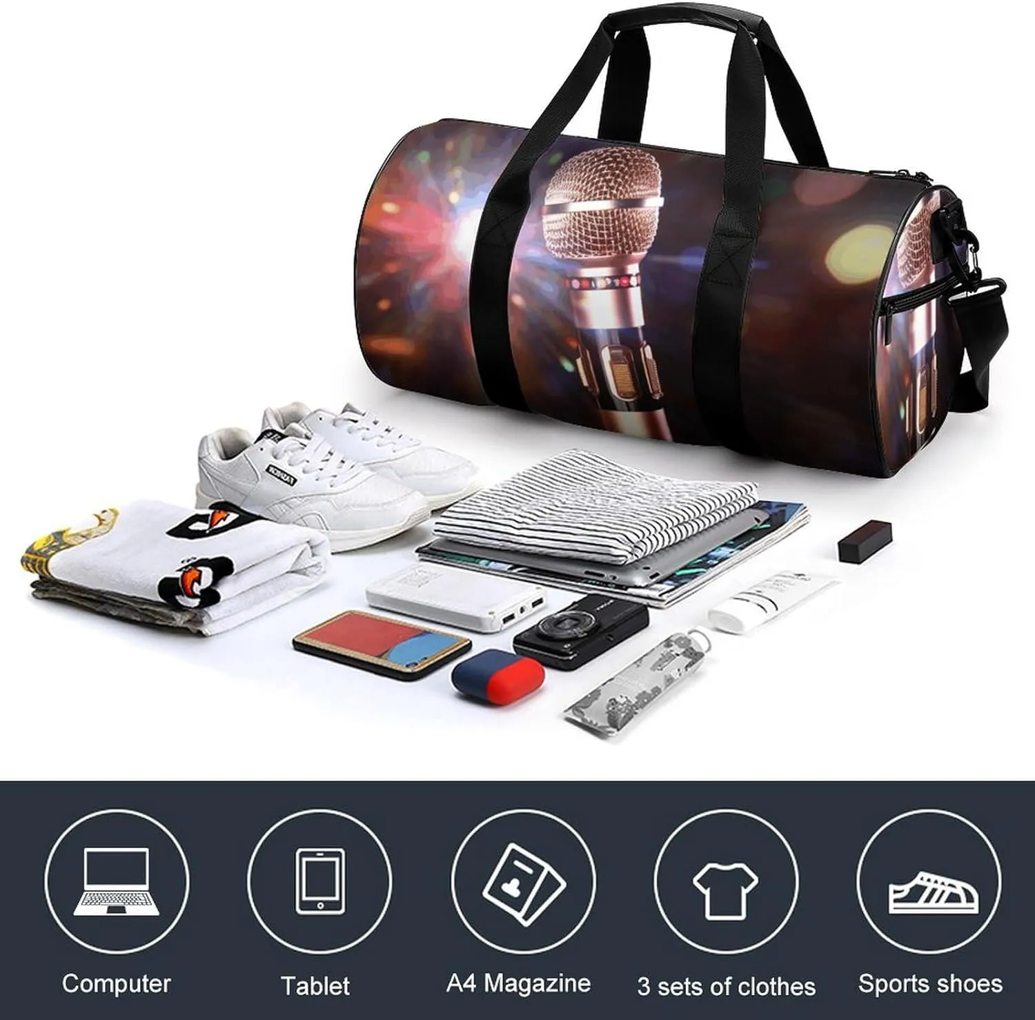 Gym Bag for Men Women Karaoke Microphone Duffel Bag Overnight Bag with Compartment Gym Sackpac