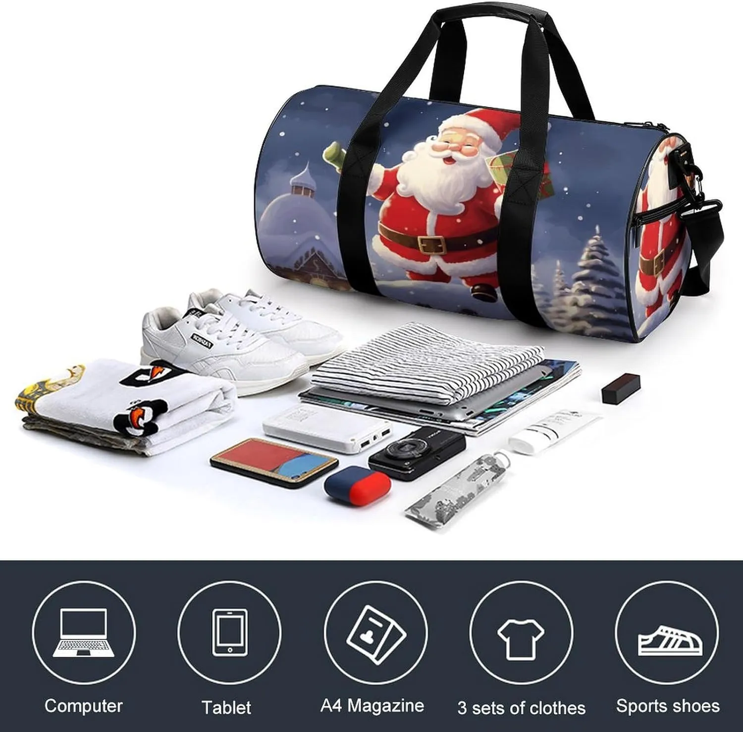 Gym Bag for Men Women Merry Christmas Santa Duffel Bag Overnight Bag with Compartment Gym Sackpac