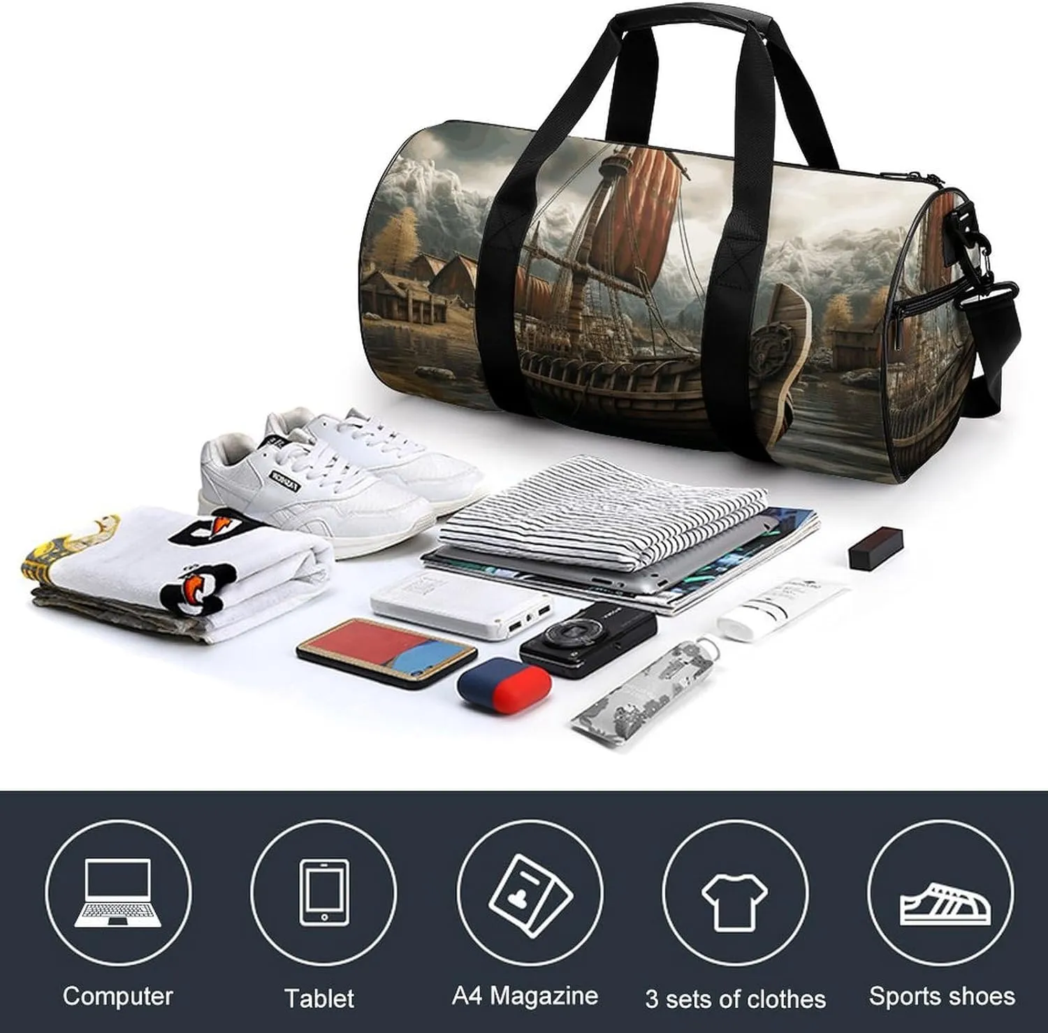 Gym Bag for Men Women Old Viking Boat Duffel Bag Overnight Bag with Compartment Gym Sackpac