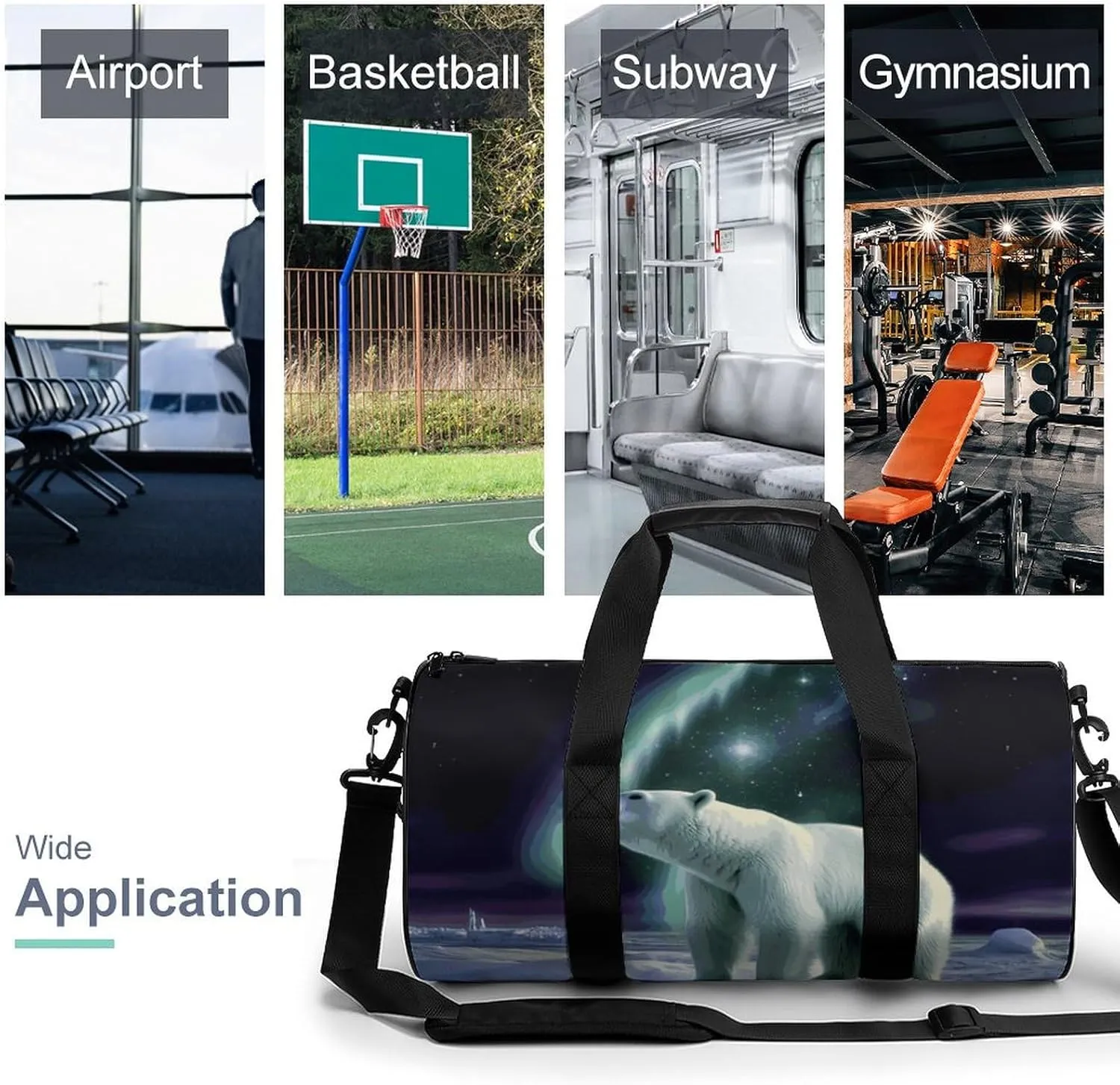 Gym Bag for Men Women Polar Bears Northern Lights Duffel Bag Overnight Bag with Compartment Gym Sackpac