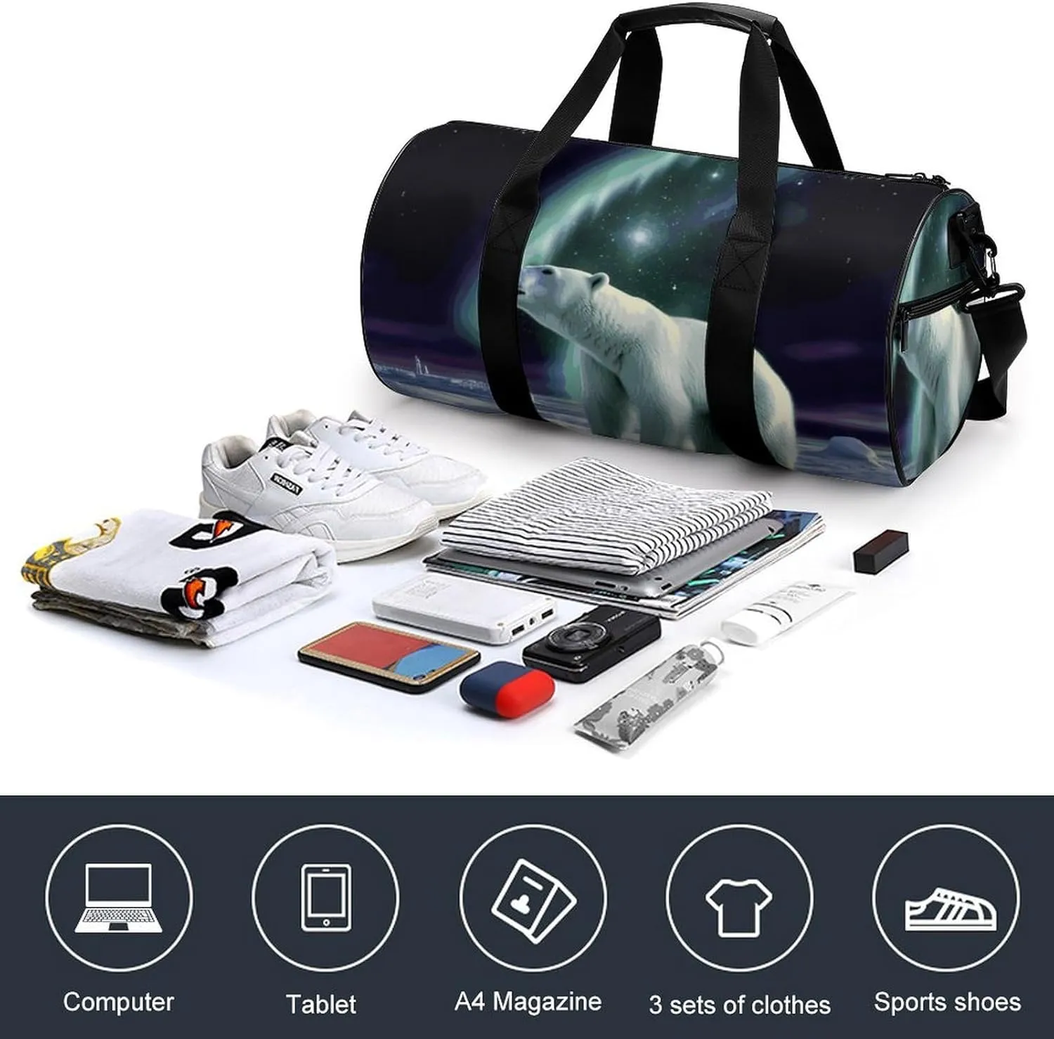 Gym Bag for Men Women Polar Bears Northern Lights Duffel Bag Overnight Bag with Compartment Gym Sackpac
