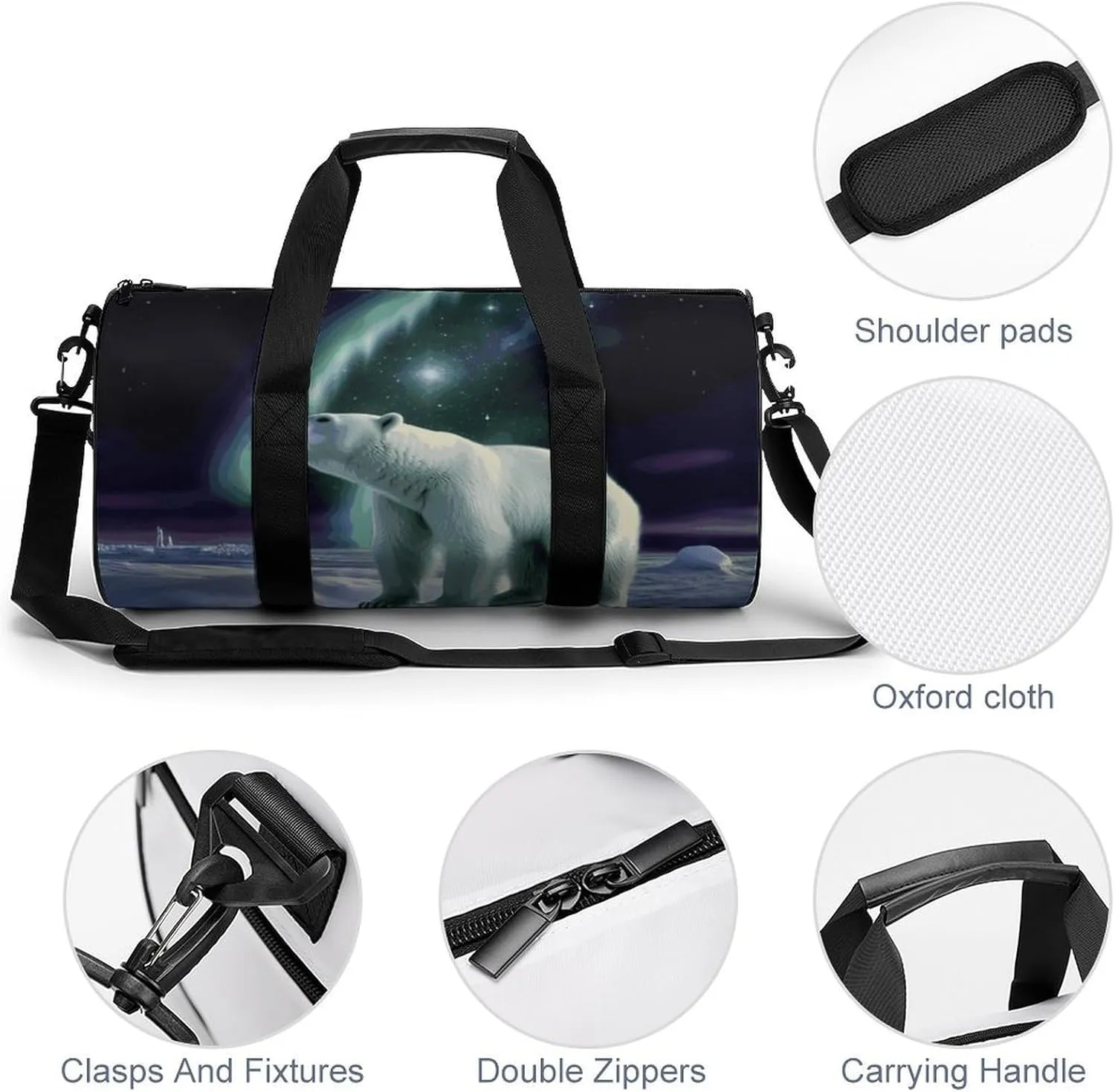 Gym Bag for Men Women Polar Bears Northern Lights Duffel Bag Overnight Bag with Compartment Gym Sackpac