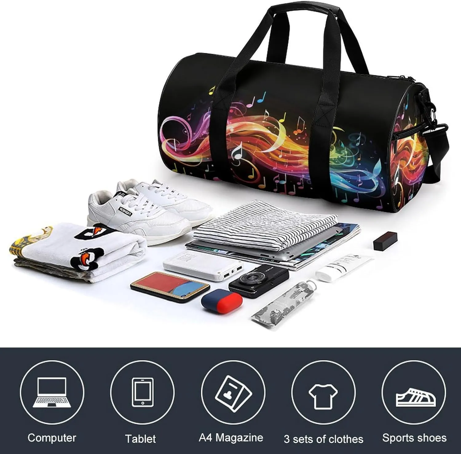 Gym Bag for Men Women Rainbow Musical Note Melody Duffel Bag Overnight Bag with Compartment Gym Sackpac