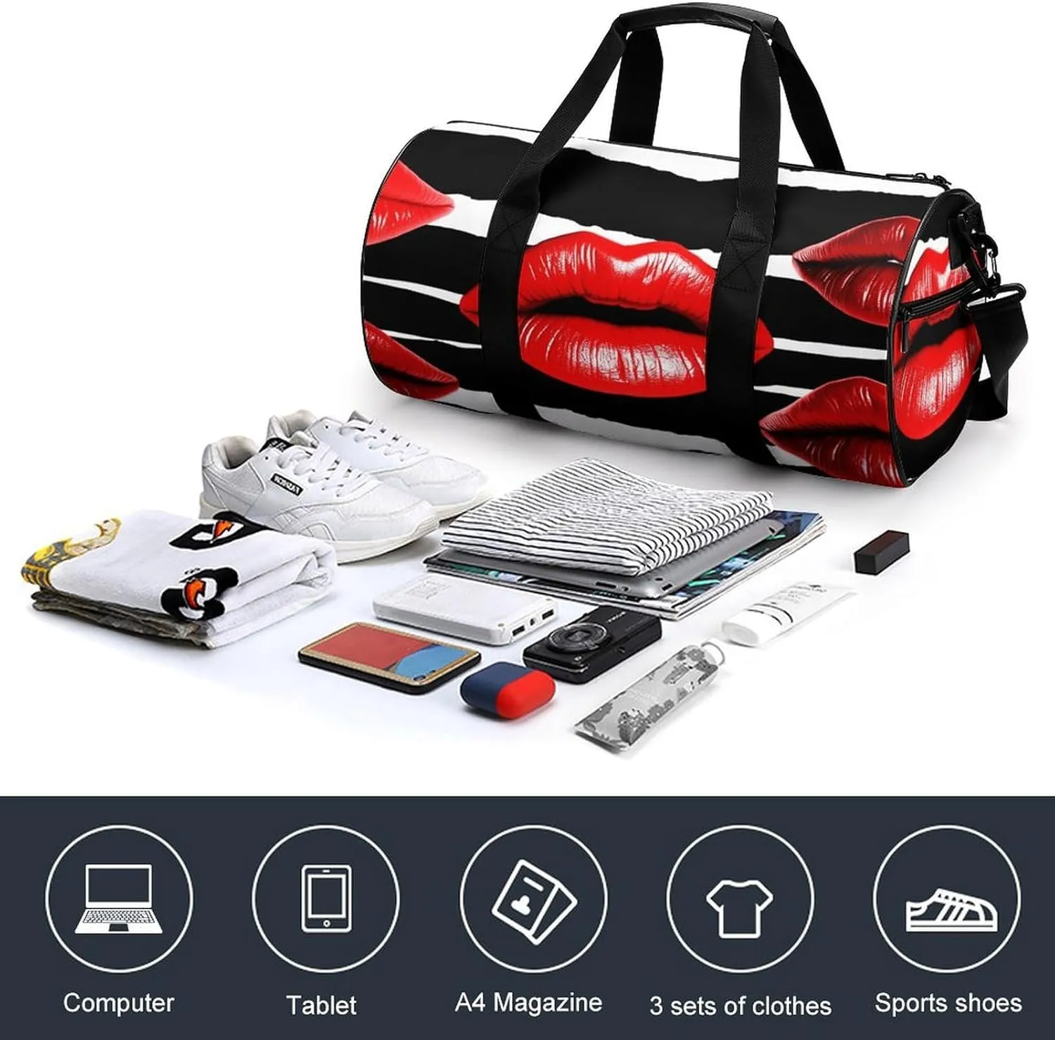 Gym Bag for Men Women Red Lips Kiss Duffel Bag Overnight Bag with Compartment Gym Sackpac