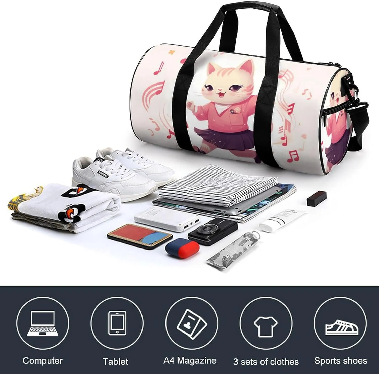 Gym Bag for Men Women Skirt Cat Duffel Bag Overnight Bag with Compartment Gym Sackpac
