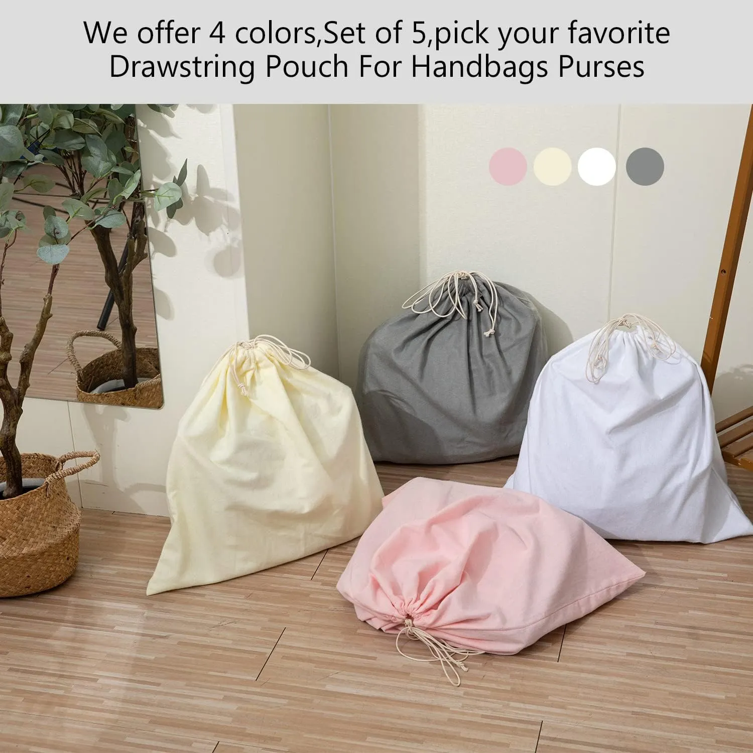 HAMBOLY 100% Cotton Bags 5 Pack Dust Cover Storage Pouch with Drawstring Closure for Packaging Handbags Purses Pocketbooks Shoes Boots, White (21 x 19 in)