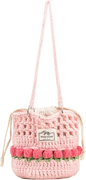 Hand Crochet Drawstring Bag, Knitted Shoulder Handbags, Handwoven Crochet Tote Bag for Women