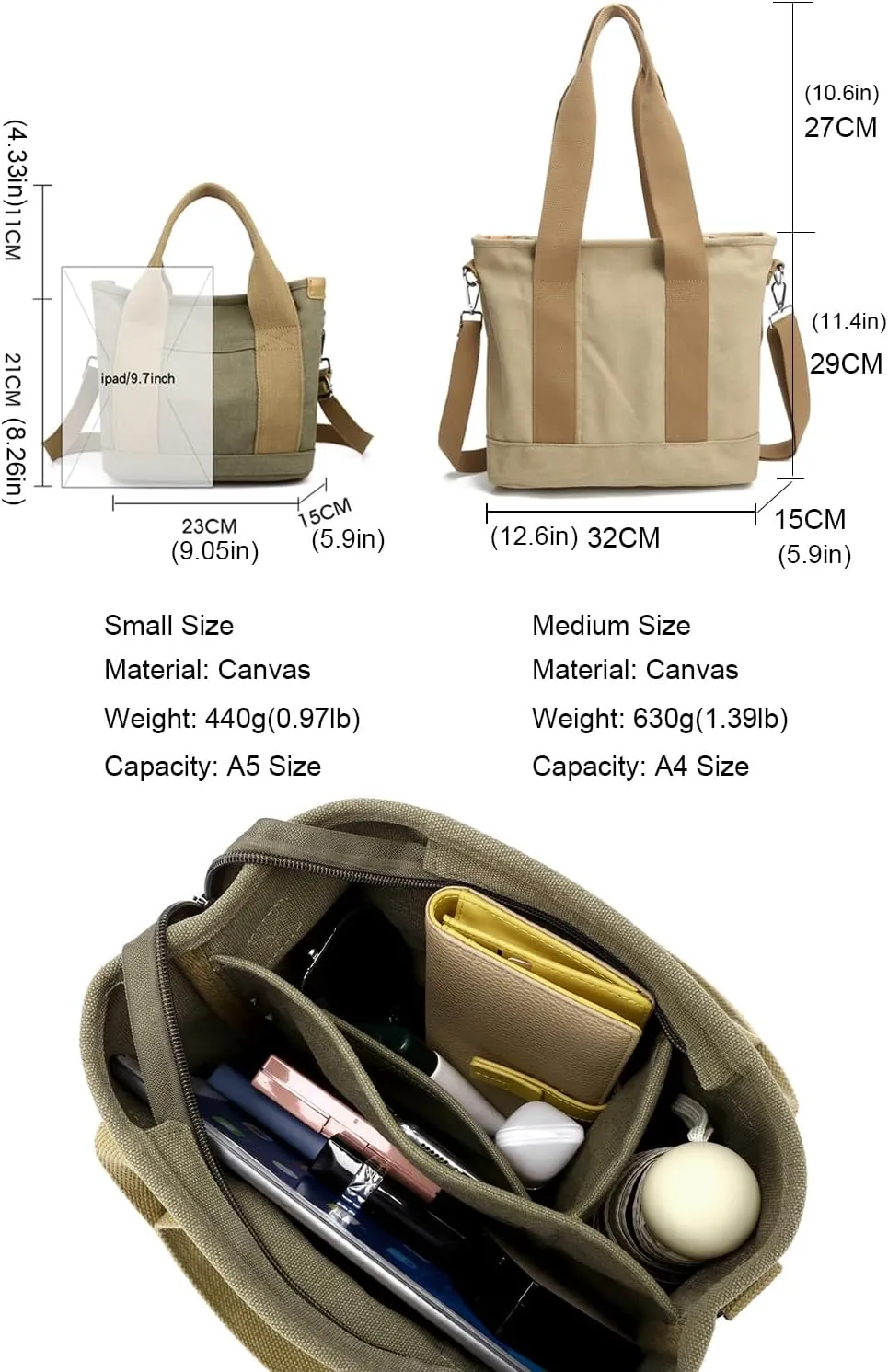 Handbag for Women Multi-Pockets, Canvas Tote Shoulder Bags with Zipper, Satchel Hobo Bag for Travel Work