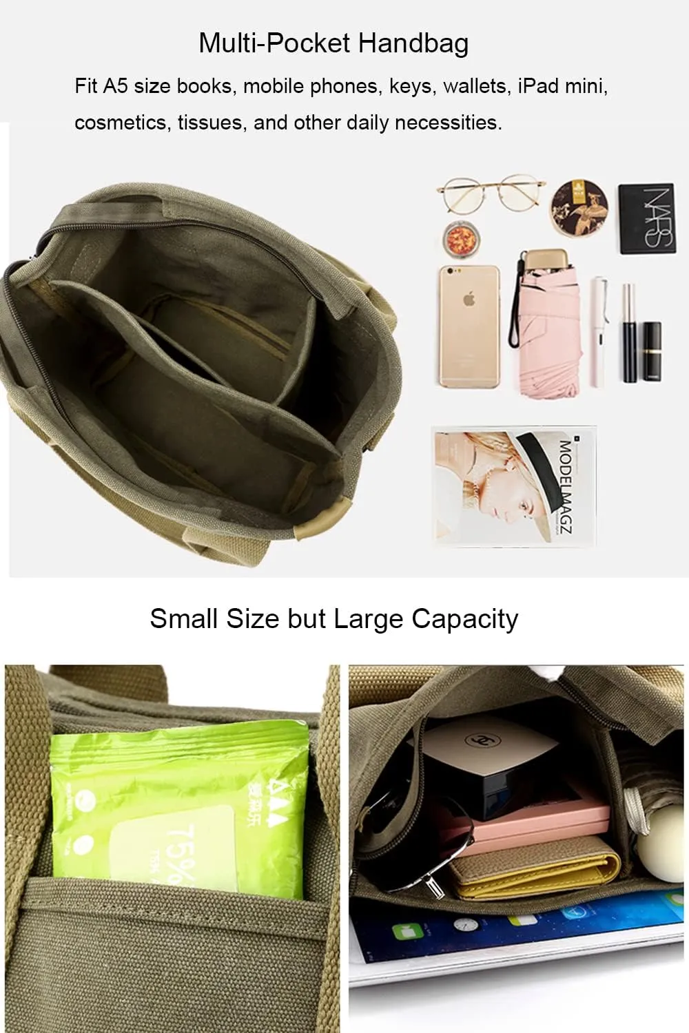 Handbag for Women Multi-Pockets, Canvas Tote Shoulder Bags with Zipper, Satchel Hobo Bag for Travel Work
