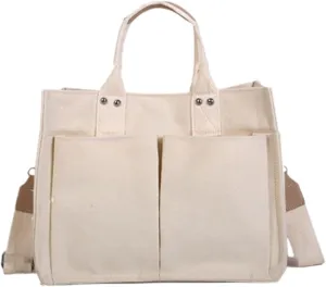 Handbag Use Black Custom Printed Cotton Canvas Tote With Outside Pocket Mens Bags Shoulder (White, One Size)