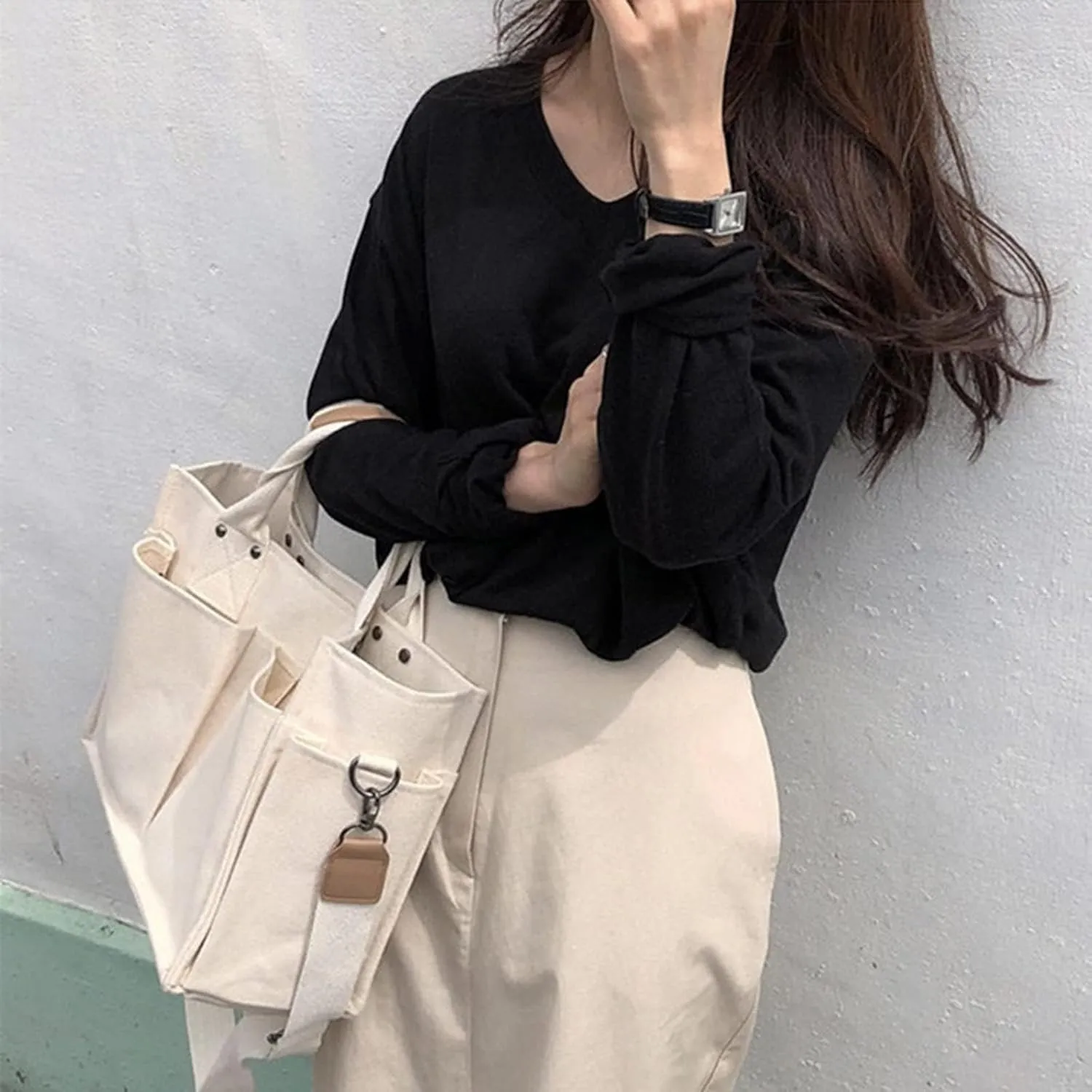 Handbag Use Black Custom Printed Cotton Canvas Tote With Outside Pocket Mens Bags Shoulder (White, One Size)