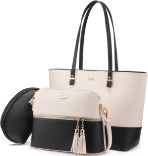Handbags for Women Shoulder Bags Tote Satchel Hobo 3pcs Purse Set Black