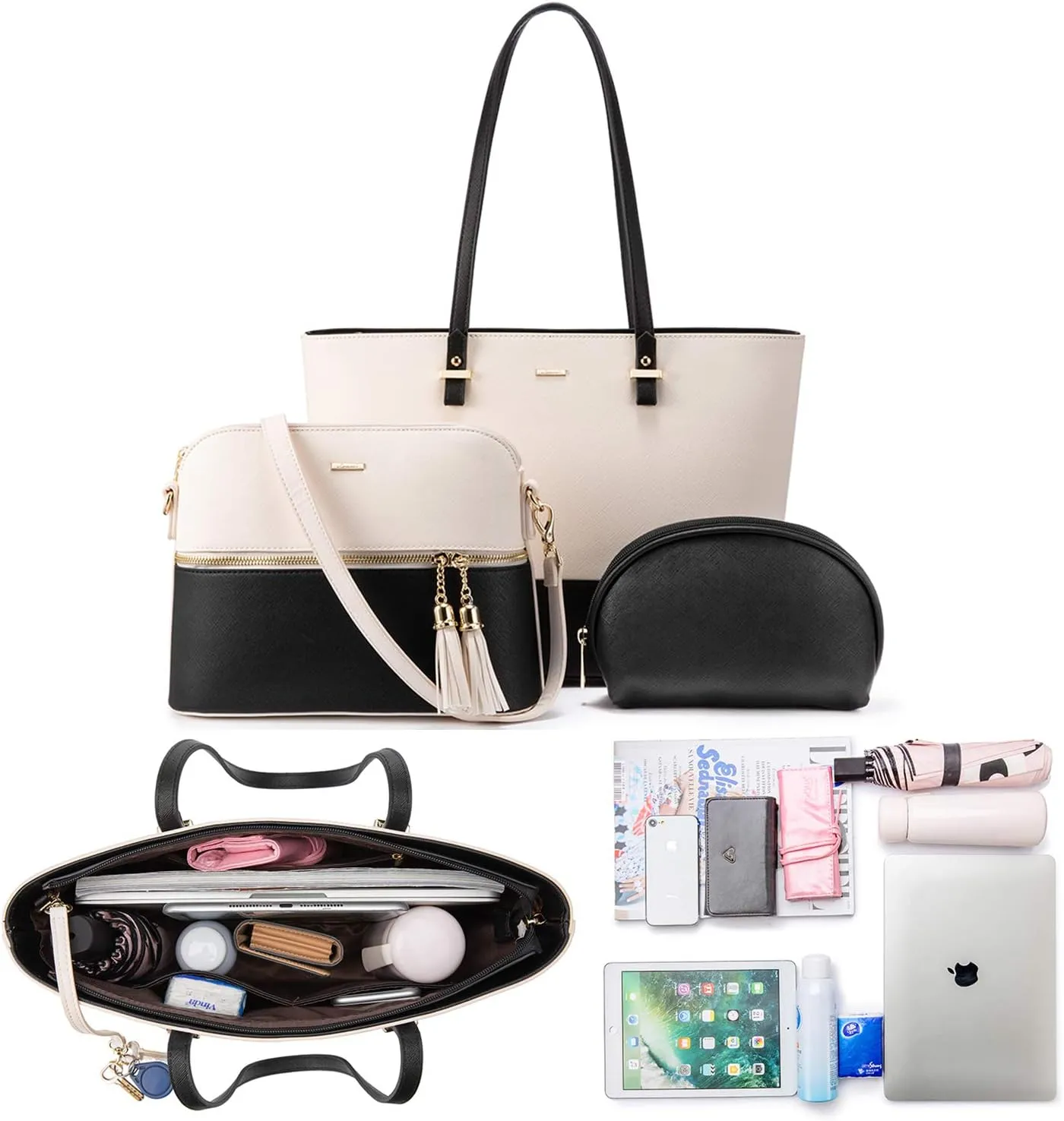Handbags for Women Shoulder Bags Tote Satchel Hobo 3pcs Purse Set Black