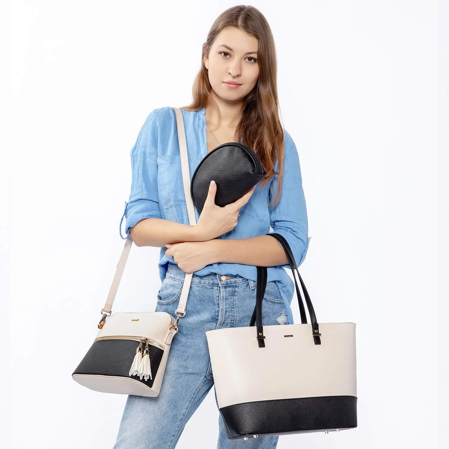 Handbags for Women Shoulder Bags Tote Satchel Hobo 3pcs Purse Set Black