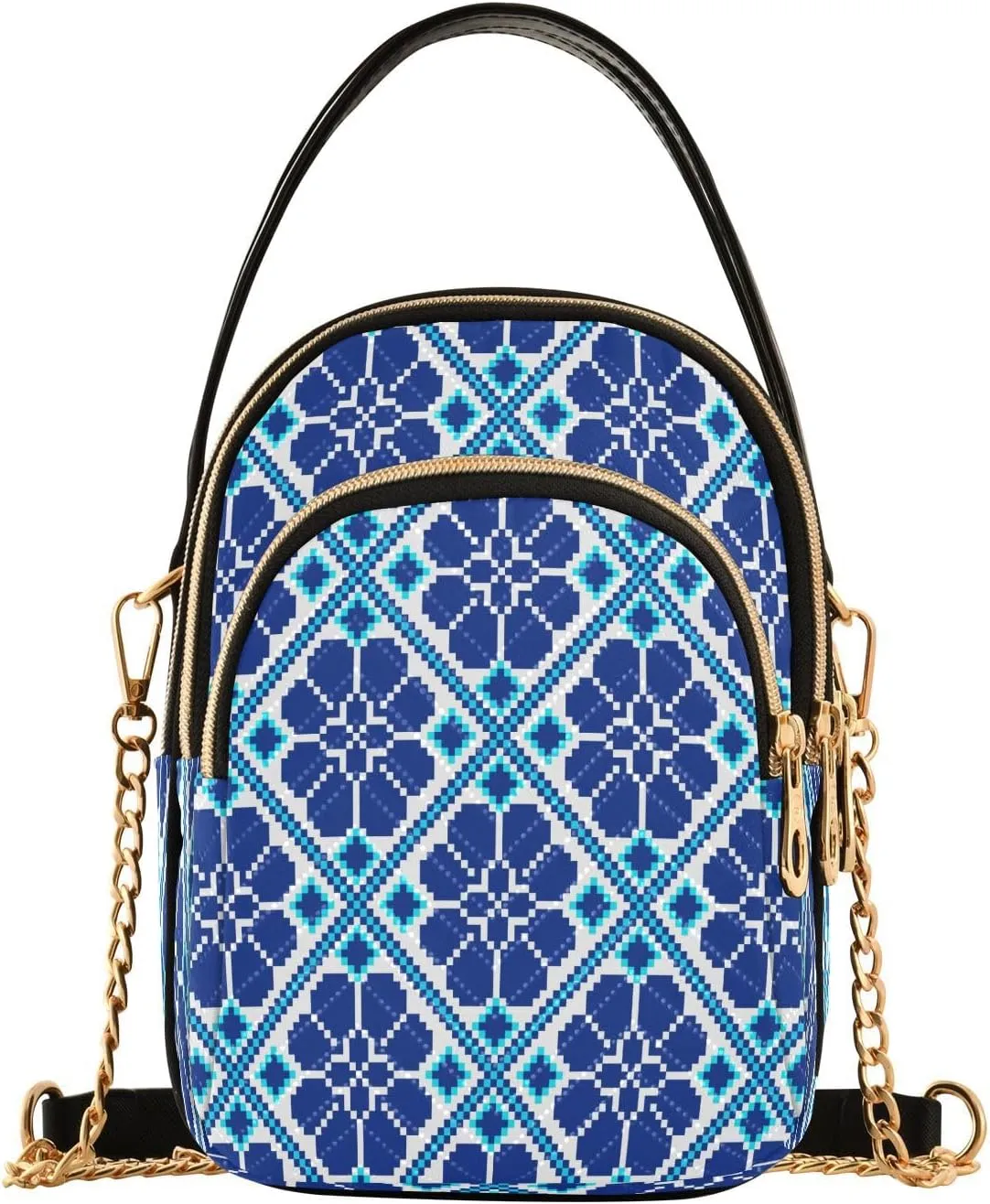Handbags Stylish Crossbody Handbag with Zipper Shoulder Phone Purse Cell Phone Purse for Women Blue Mosaic Ethnic Tile