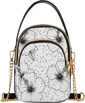 Handbags Stylish Crossbody Handbag with Zipper Shoulder Phone Purse Cell Phone Purse for Women Hibiscus Flowers Outline and Dots